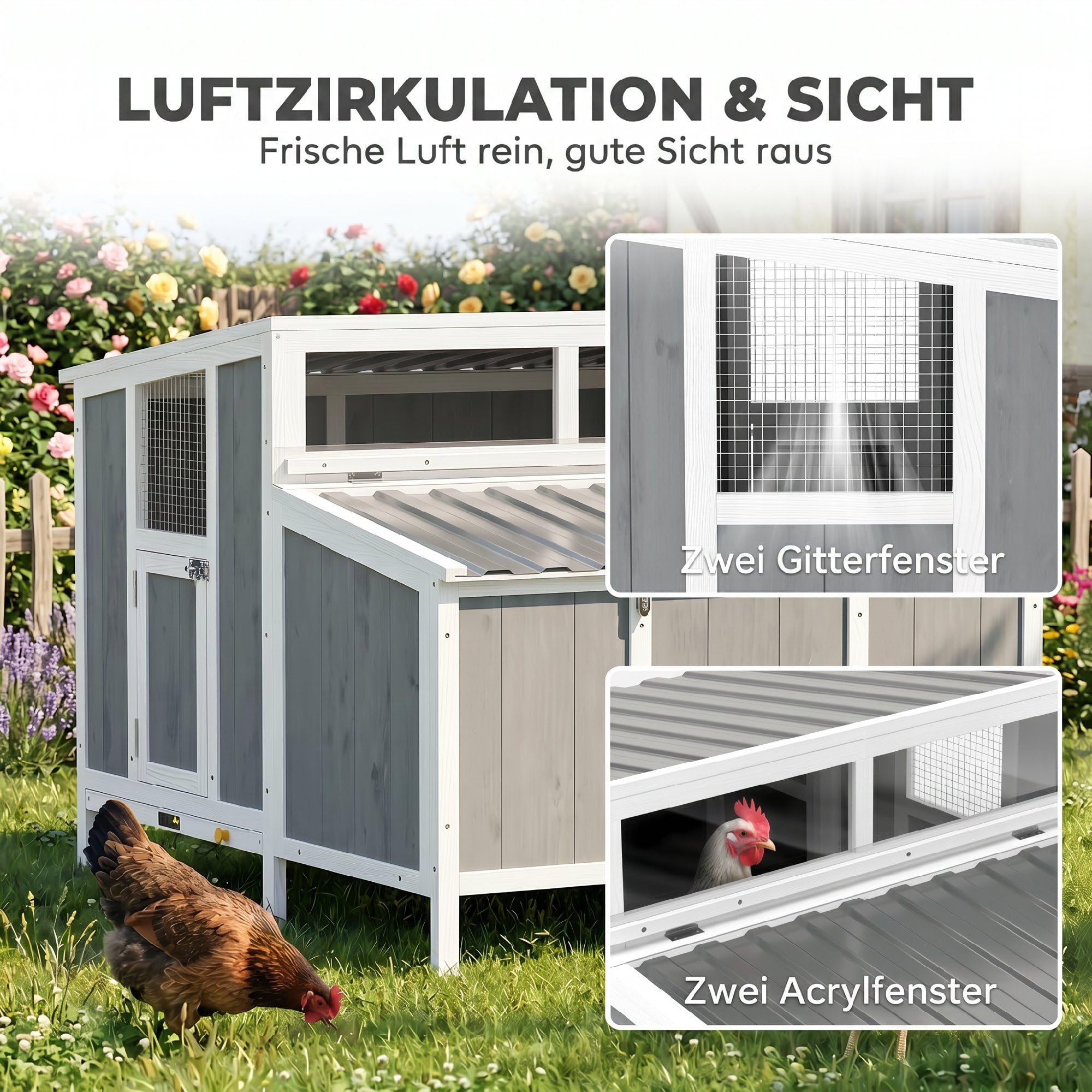 PawHut Hühnerstall Hühnerhaus aus Holz 145 x 90 x 92 cm, Freilaufgehege mit abschließbarer Tür, Nistkasten, wasserdichtem PET-Dach, Sitzstangen, Hühnergehege für 3-4 Hühner, für Garten, Grau