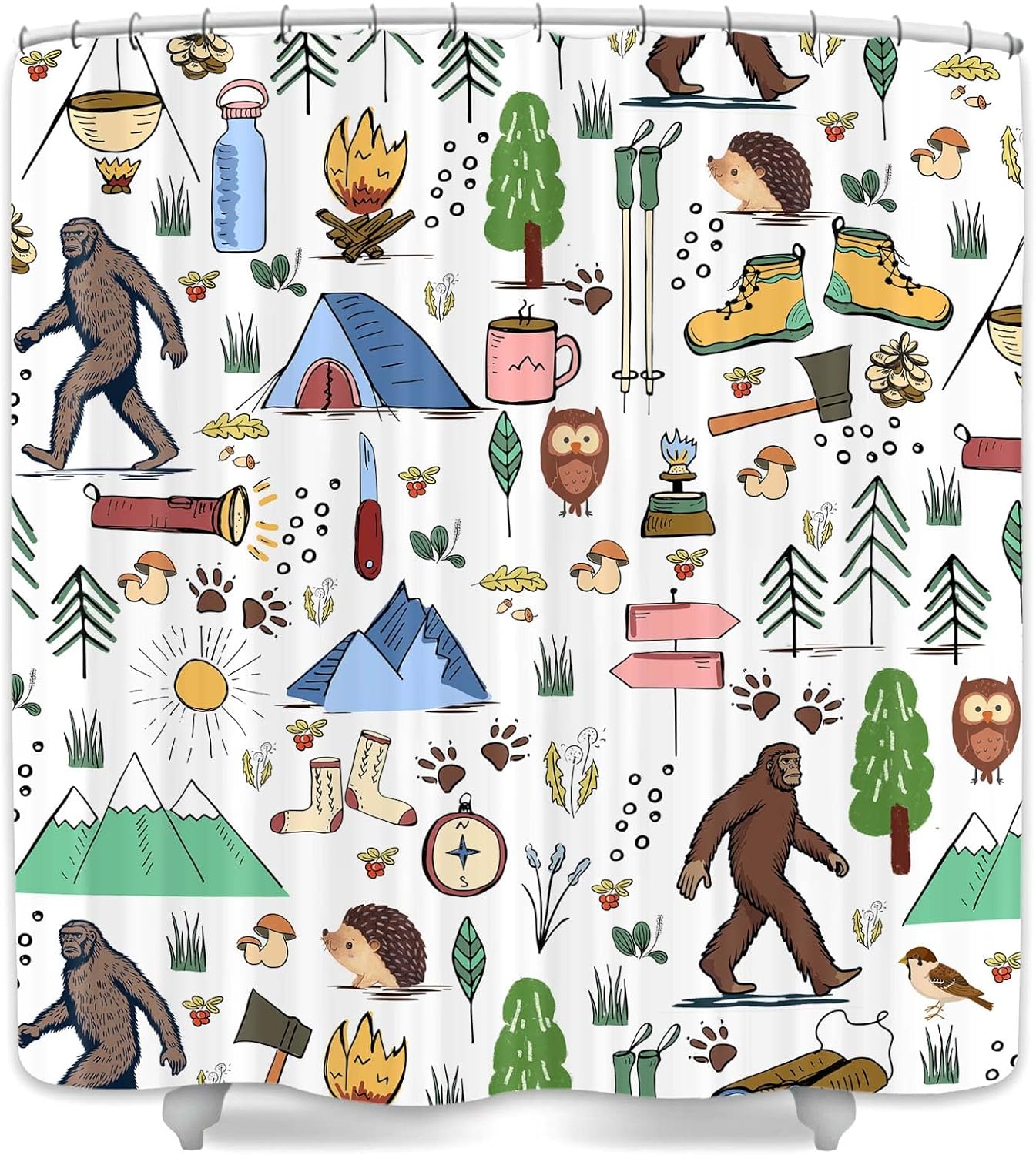 JAWO Big Foot Camping Shower Curtain Outdoor Camper Theme Froest Mountain Big Foot for RV Bathroom Travel Trailer Stall Shower Curtain Set, Waterproof Fabric Shower Cutain, Hooks Include