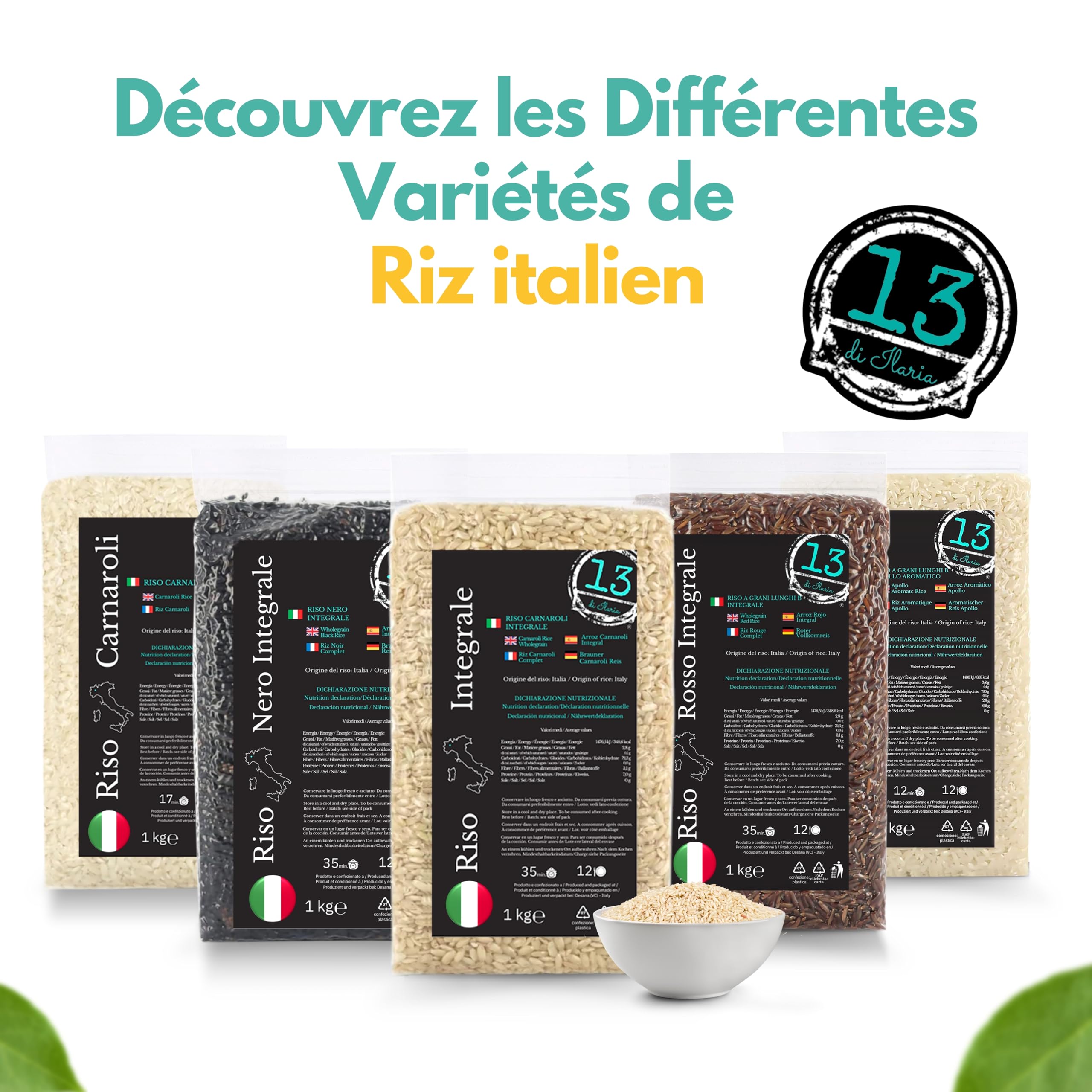 Riz Carnaroli Complet d'Italie 2 kg (2x1 kg) – Riche en Fibres | 2 sachets de 1 kg de riz Carnaroli complet d'Italie, cultivé à Vercelli, riche en fibres et naturellement sans gluten