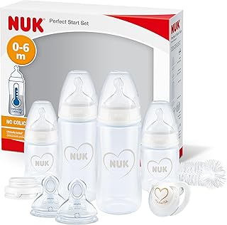 NUK Perfect Start First Choice+ Babyflaschen-Set | 0–6 Monate | 4 x Flaschen mit Temperaturkontrolle, Schnuller, Flaschenbürste & mehr | BPA-frei | grau & weiß | 10-teilig