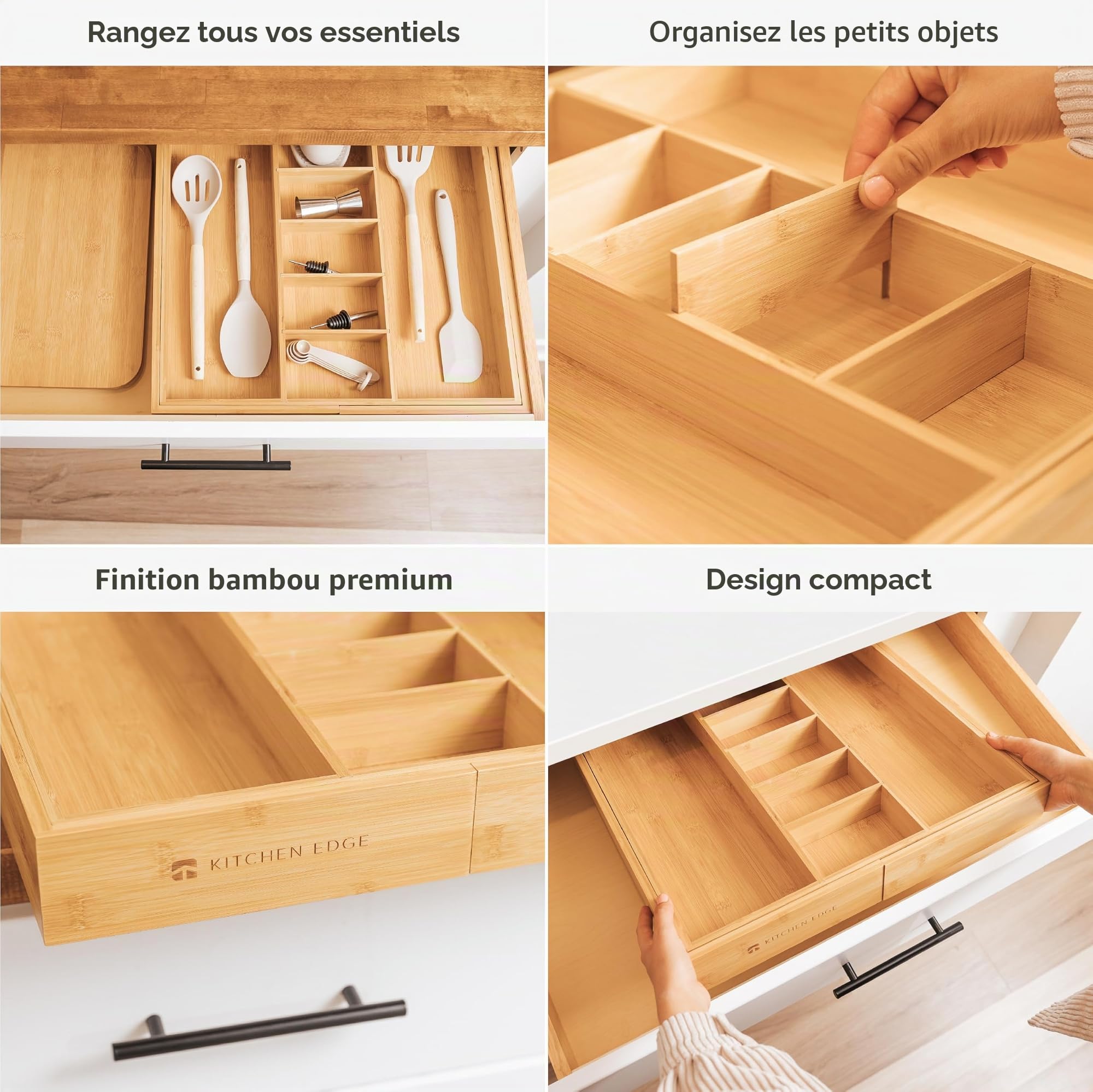 KitchenEdge Organiseur de tiroir de cuisine réglable pour ustensiles et déchets, extensible jusqu'à 83 cm de large, 9 compartiments, 100% bambou
