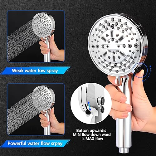 Miniatura 2 de Cabezal de ducha de mano con filtro, tamaño de flujo de agua ajustable, 11 modos de salida, equipado con manguera de acero inoxidable de 60 pulgadas