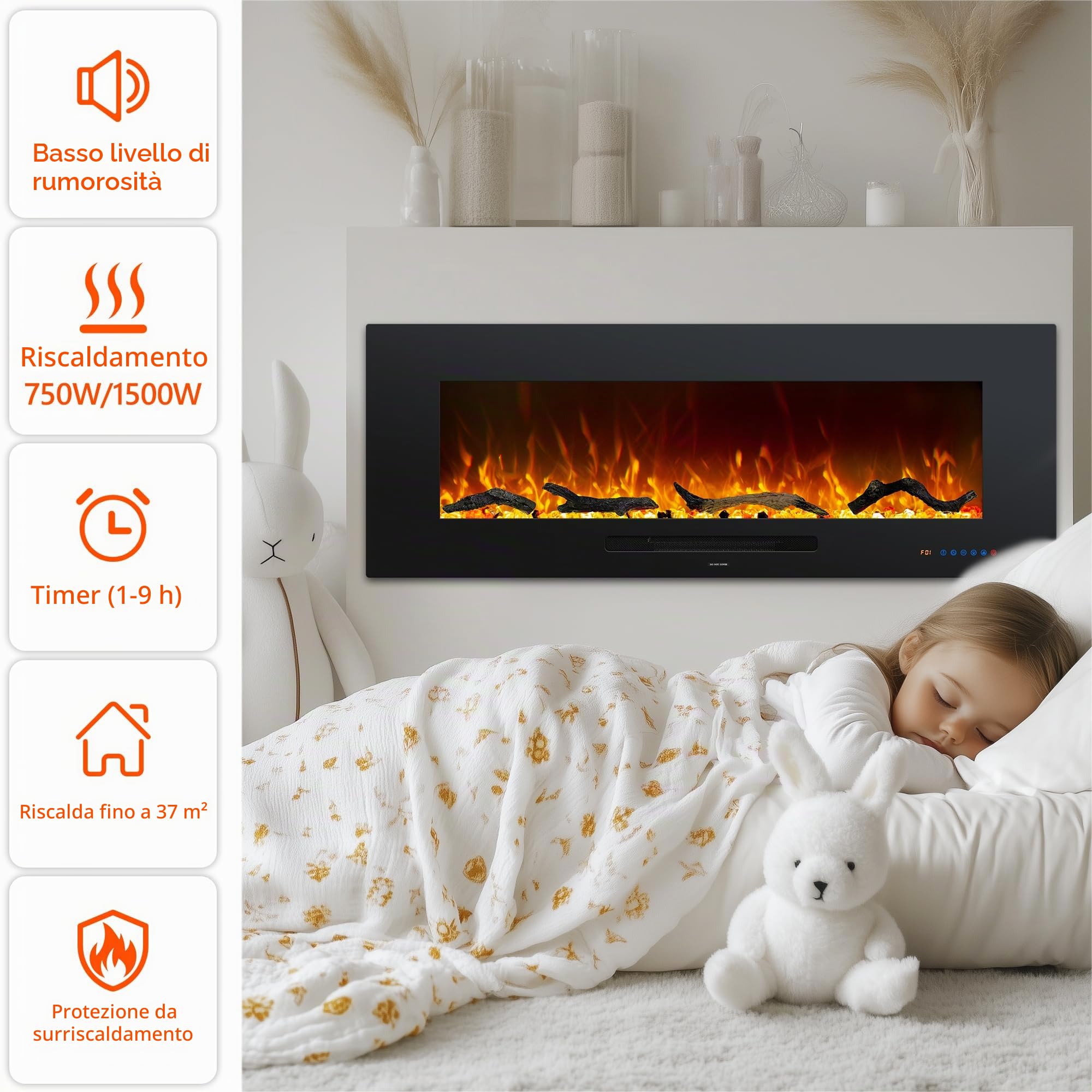 OxharkFlame - Inserto per camino elettrico da incasso, 127 cm, colore: Nero | Camino Elettrico Multicolore Fiamma, 750/1500W Termostato, Timer, Telecomando Touch Screen, Protezione Surriscaldamento