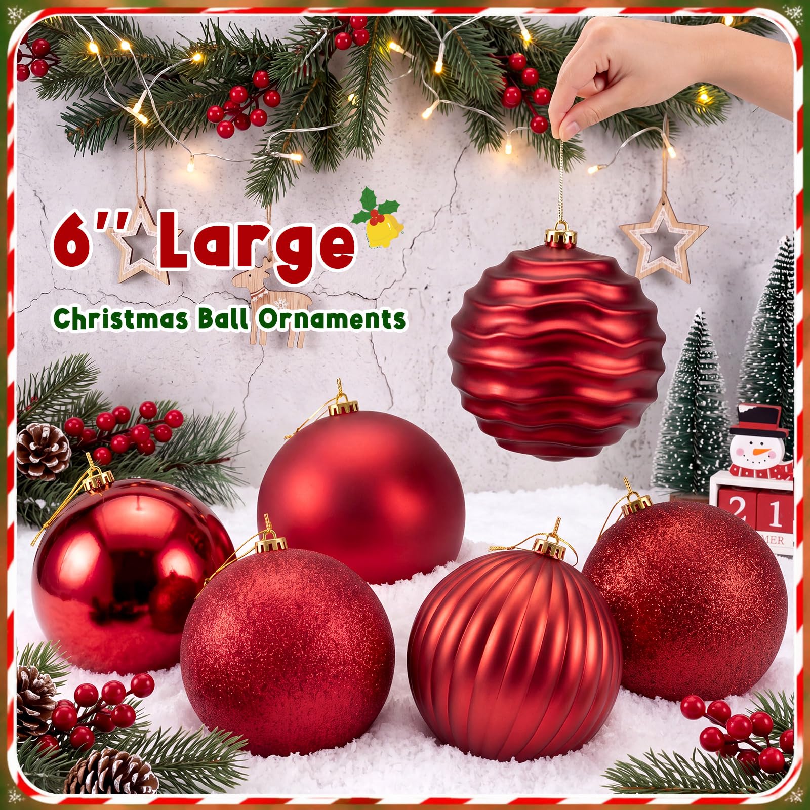 Zubebe Confezione da 6 palline di Natale da 15,2 cm, grandi palline in plastica infrangibile, con glitter opaco lucido e finiture decorative, per albero di Natale, festività e feste (rosso)