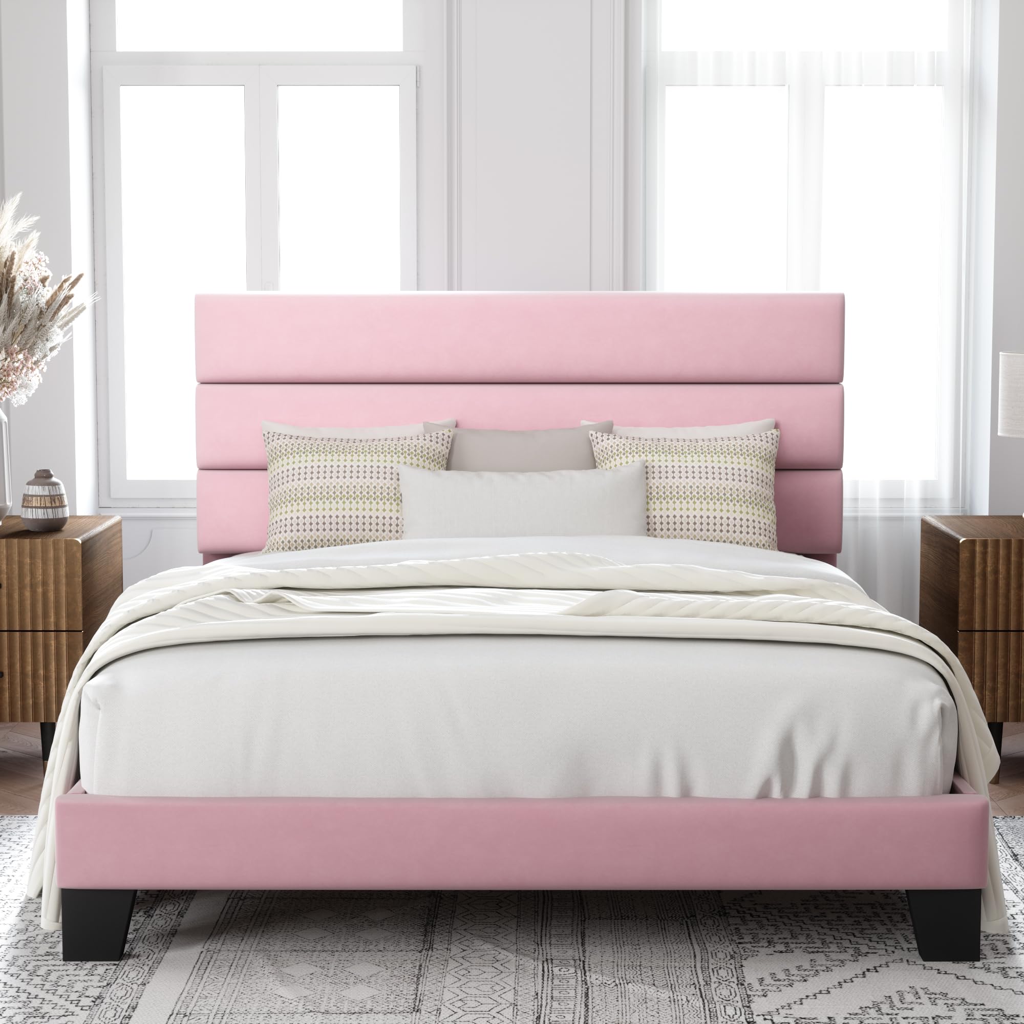 Allewie Full Size Platform Bed Frame with Velvet Upholstered Headboard and Wooden Slats Support, Fully Upholstered Mattress Foundation/No Box Spring
