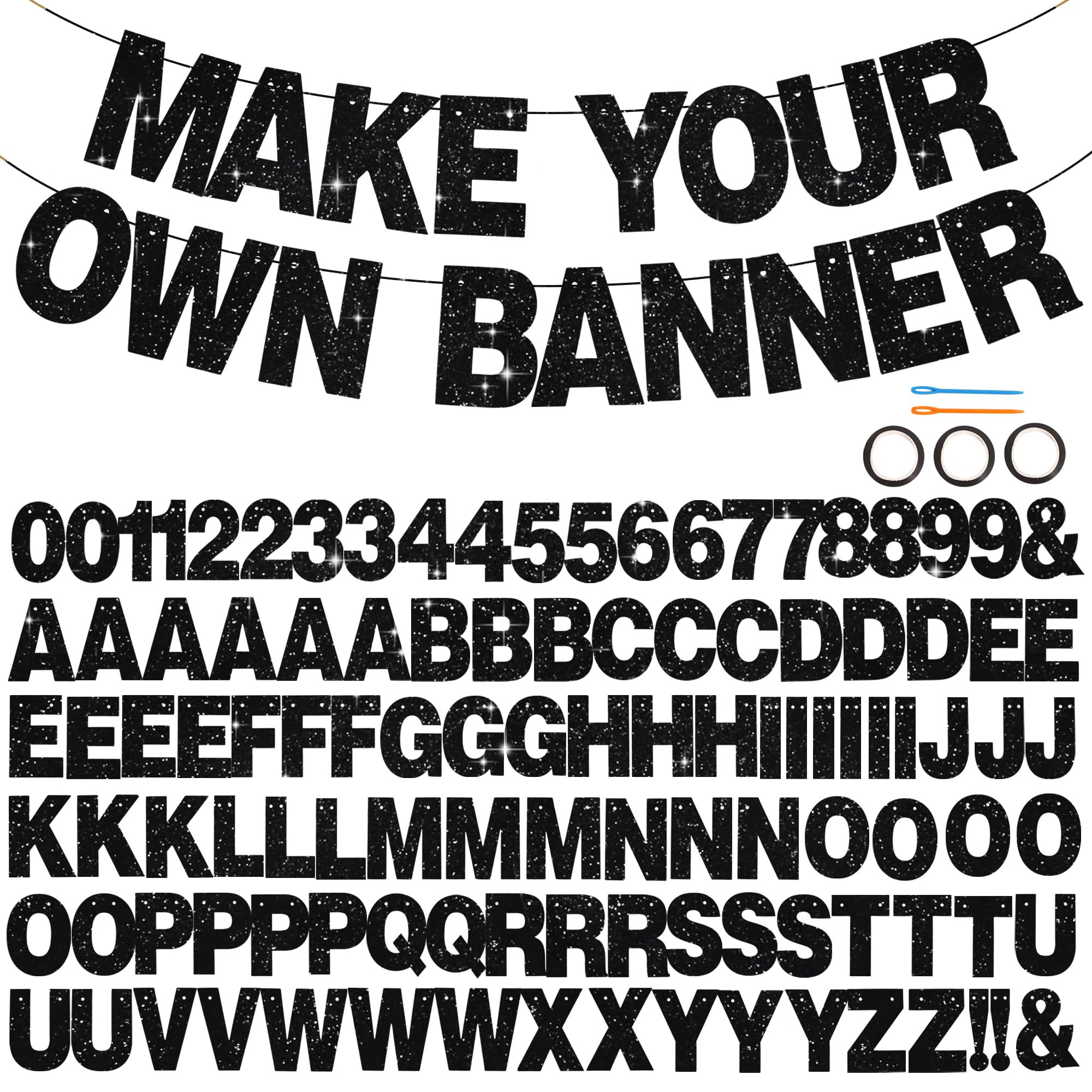 Photo 1 of BEISHIDA 116 PCS A-Z DIY Letter Banner Kit Make Your Own Banner Including 111 Letters and Numbers 3 Rope and 2 Threading Device,Customized for Birthday Graduation Wedding Decor Glitter Black