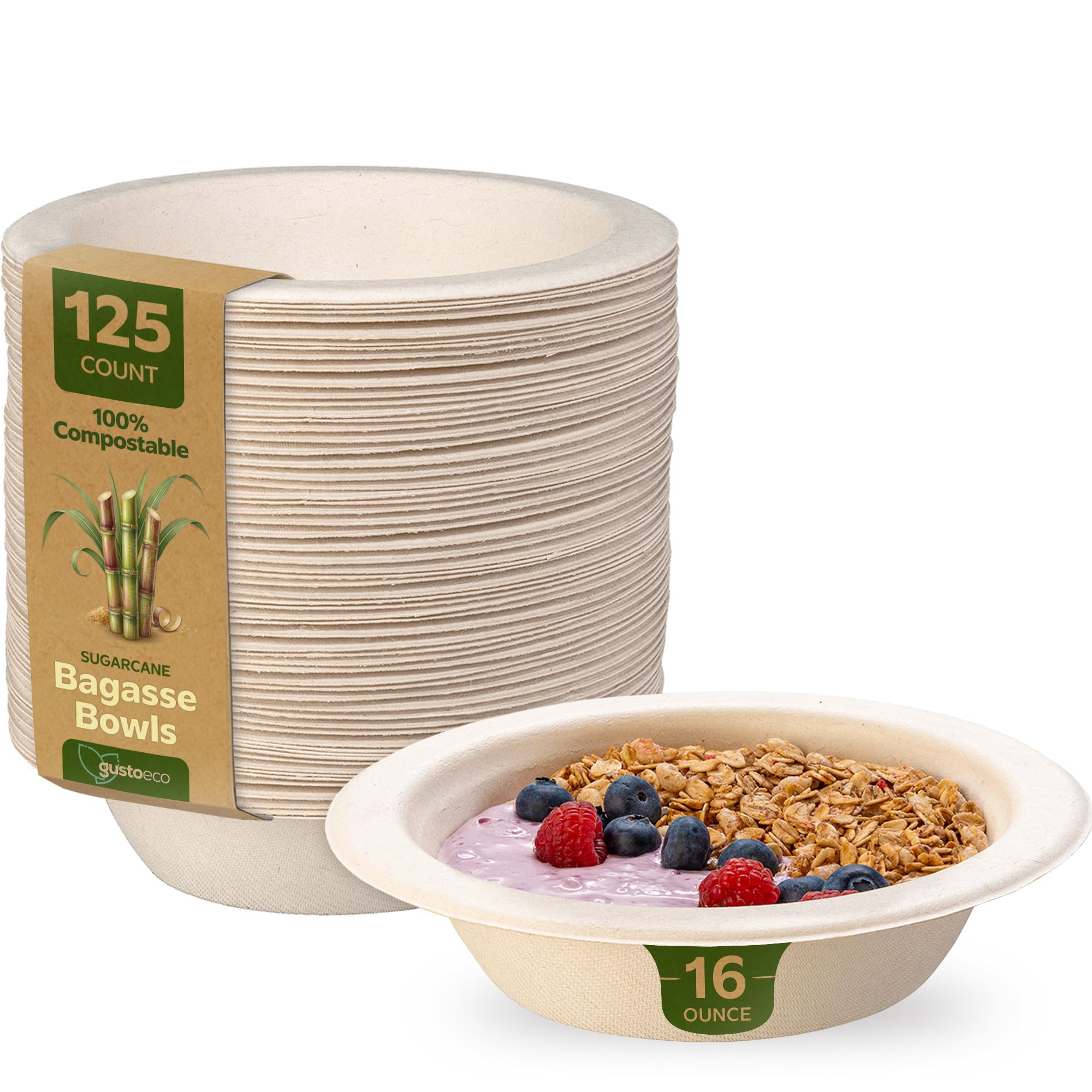 GUSTO Ciotole di carta resistenti compostabili al 100% da 473 ml [confezione da 125] canna da zucchero usa e getta ecologica - Kraft..
