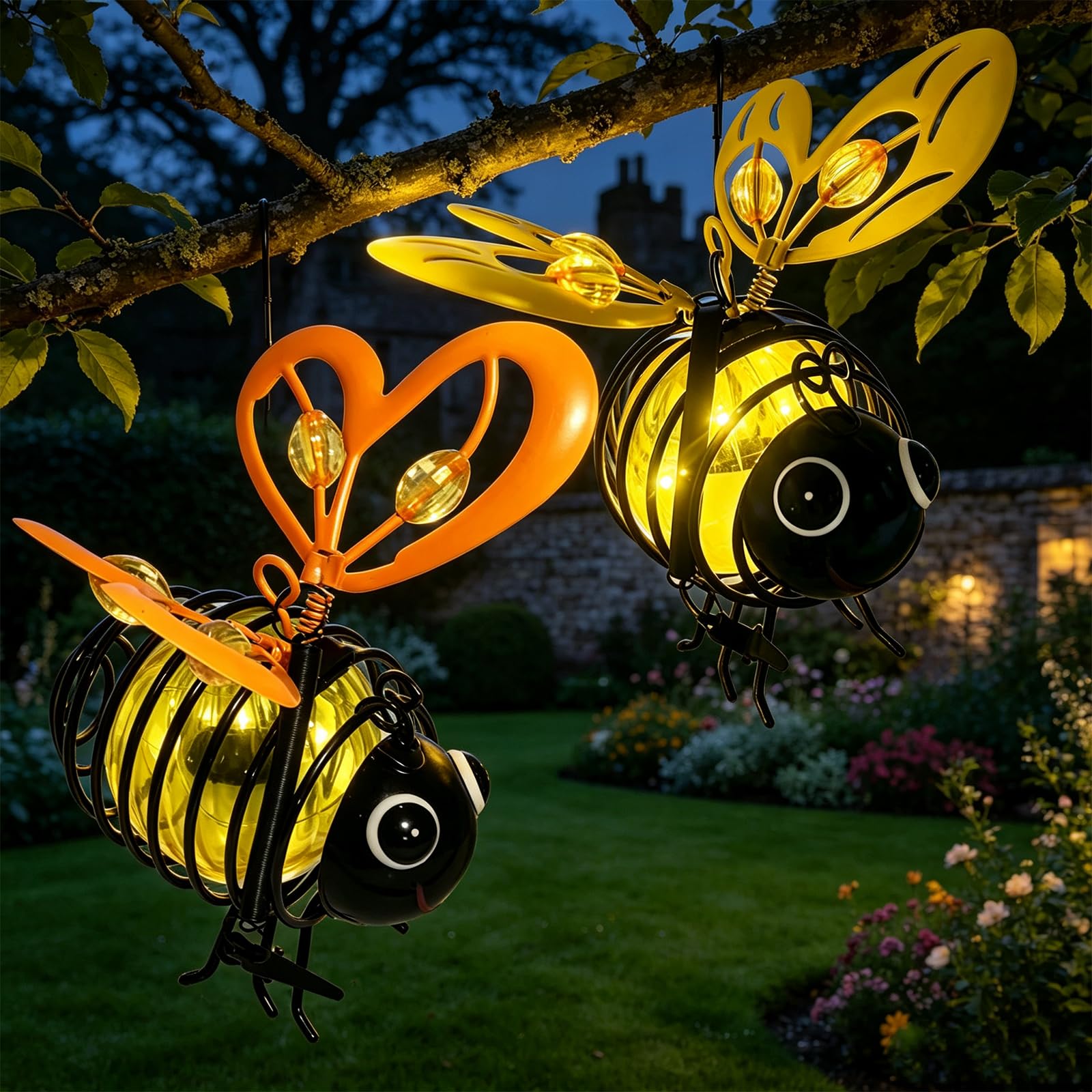 Solar Powered Hanging Bee Garden Light Outdoor, Metal Waterproof Garden Lantern, Auto-On Led Fairy Decor for Patio Yard Pathway (2pcs-f)