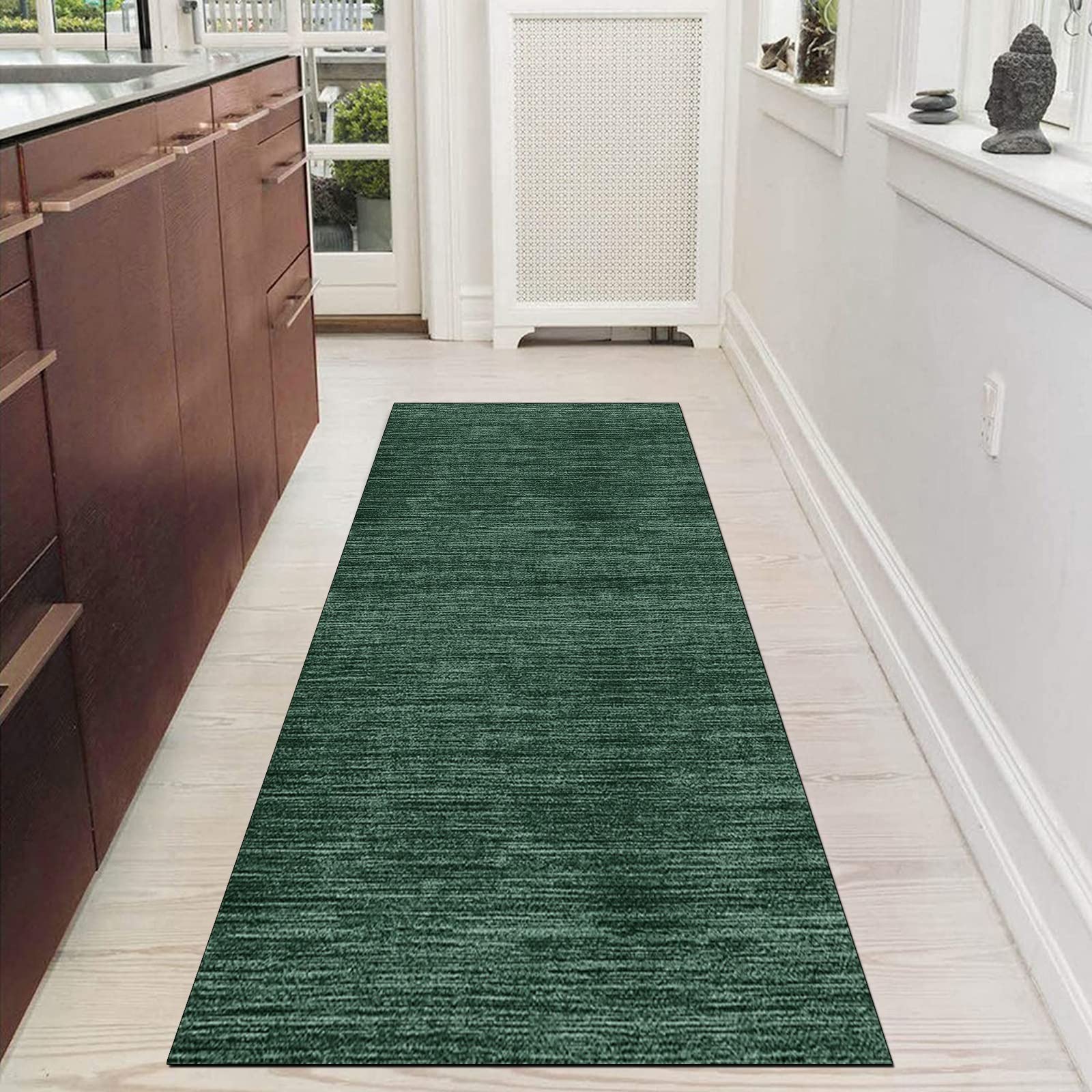 Teppich Läufer Flur Dunkel Grün Lang rutschfest Kücheteppich Waschbar 80x450cm Meterware Abstrakt Teppichmatten Waschbar Korridor Wohnzimmer Schlafzimmer 40-120cm Breit, Anpassbare Größe