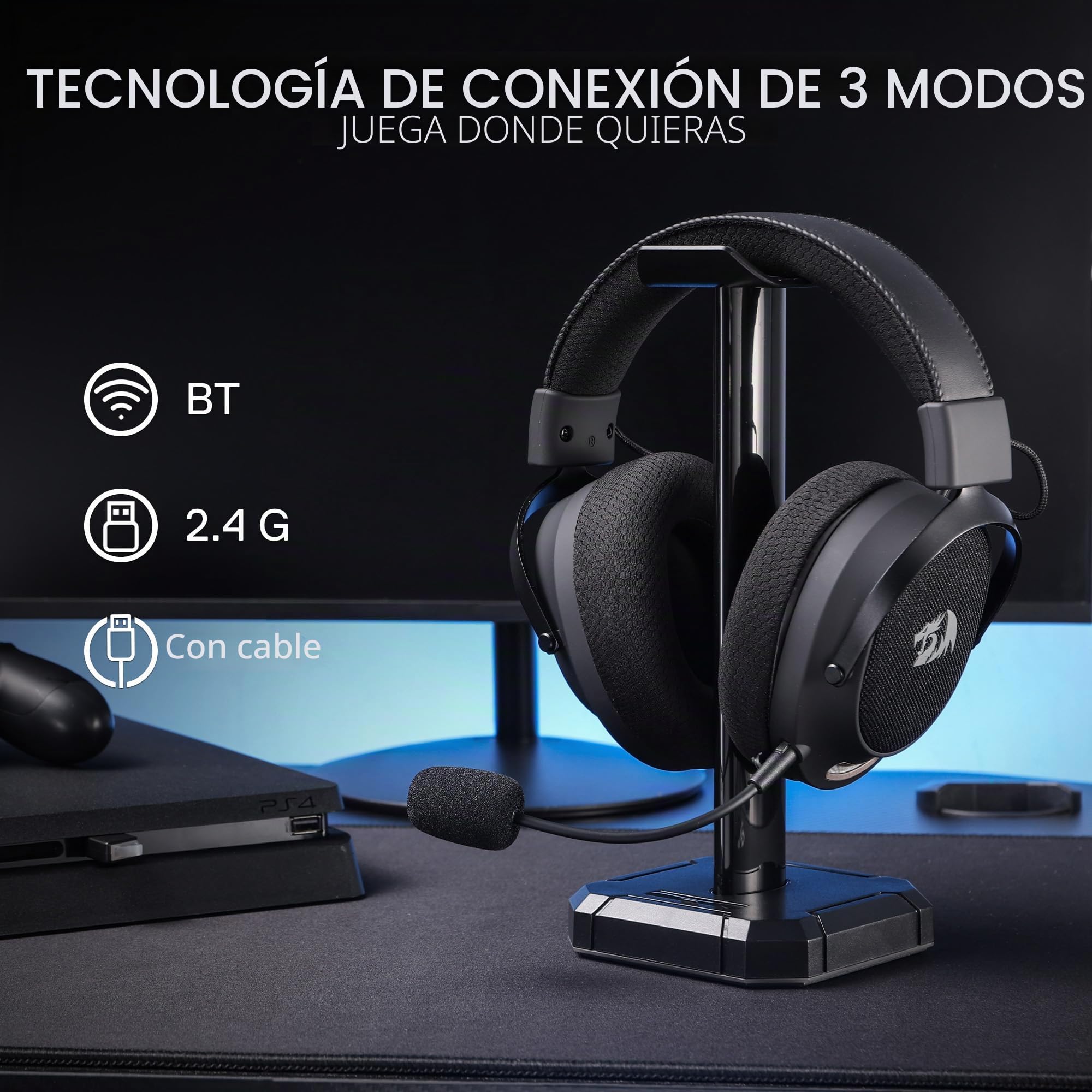 Redragon H858 Auriculares Gaming Inalámbricos 3 Modos - Sonido Envolvente 7.1, Drivers de 53mm, Almohadillas de Espuma Viscoelástica, Micrófono Desmontable con Cancelación de Ruido