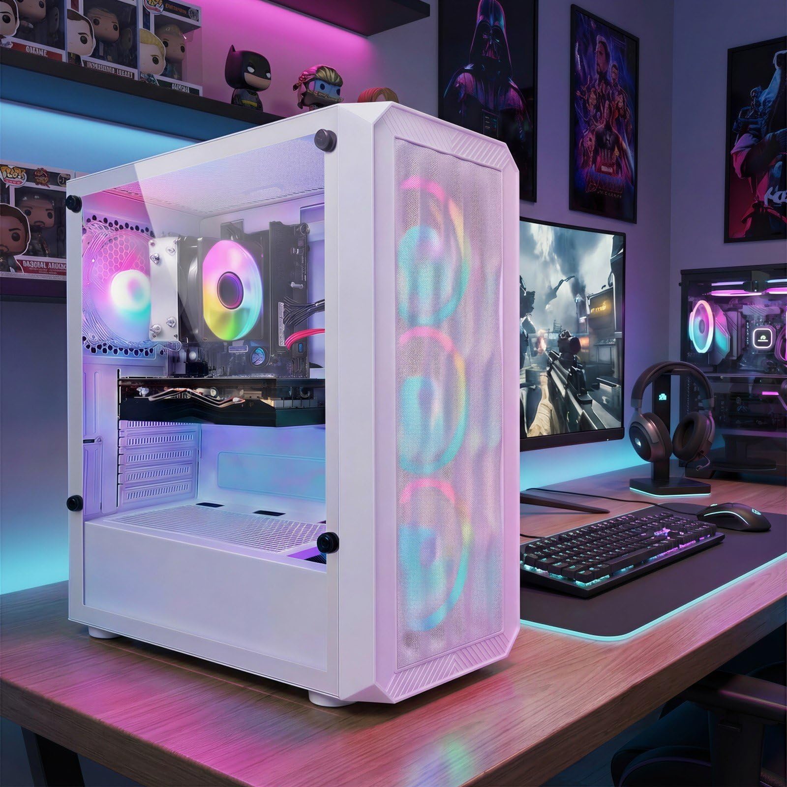 STGAubron Gaming PC Desktop Computer, AMD Ryzen 3 3200G 3.6 GHz, Radeon RX 580 8G GDDR5, 16G DDR4, 1T SSD, 600M WiFi, BT 5.0, RGB Fan x 4, Windows 11 Home