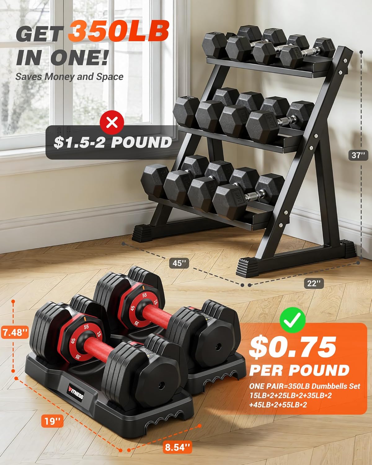 Rendpas Adjustable Dumbbells Set of 2, 1 Hand Adjustable Weights Dumbbells Set, 5 in 1/10 in 1 Free Dumbbell with Anti-Slip Texture Handle, 25/55/80lb Pair Weight Set For Home Gym Suit both Men and Women