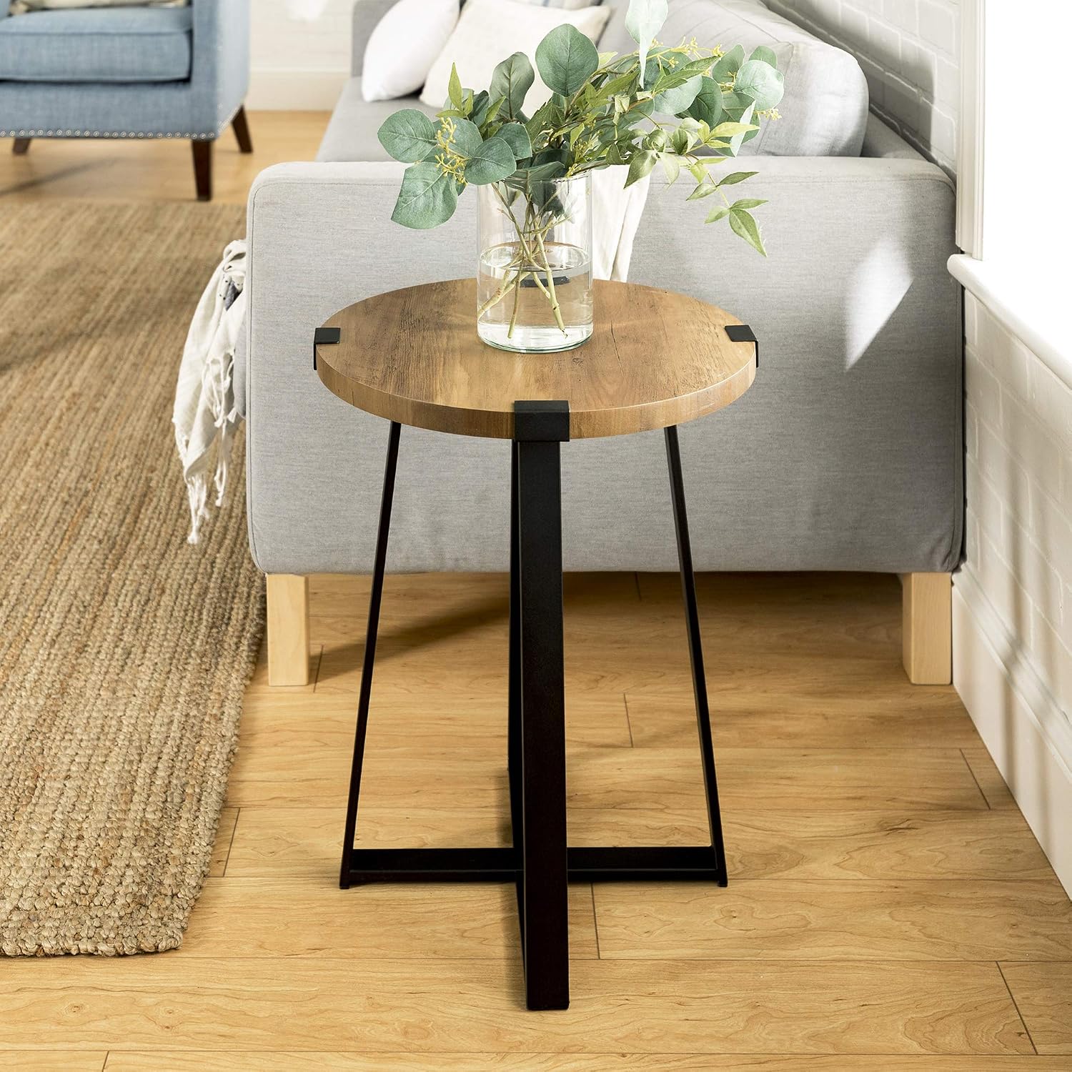 Walker Edison Anastasia Modern Metal Wrap X Base Accent Table, 18 Inch, Rustic Oak