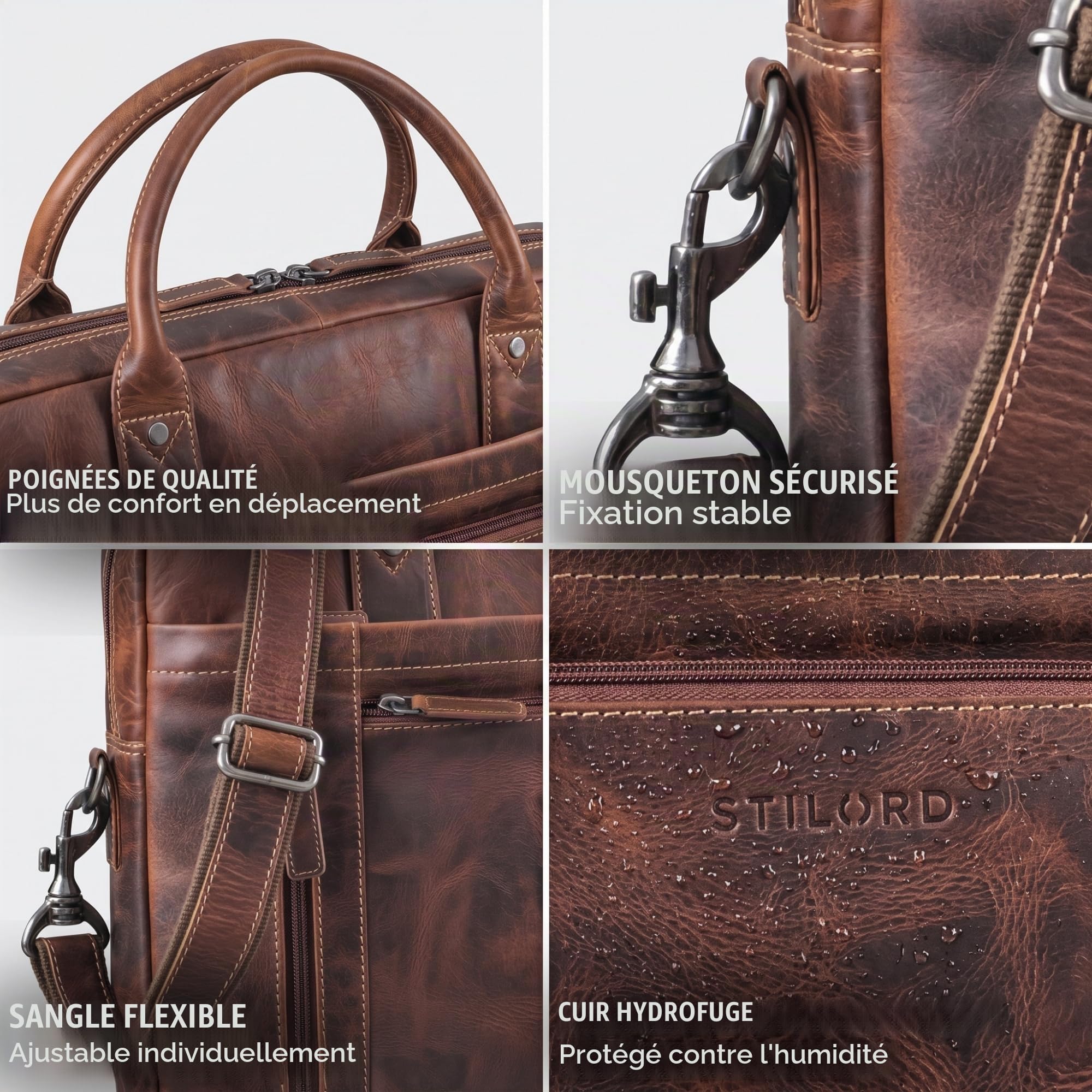 STILORD Jared Sac Ordinateur 16 Pouces Cuir Homme – Sacoche Business Haut de Gamme en Cuir Véritable – Mallette de Travail Bandoulière – Compartiments Multiples Couleur:Salerno - Marron