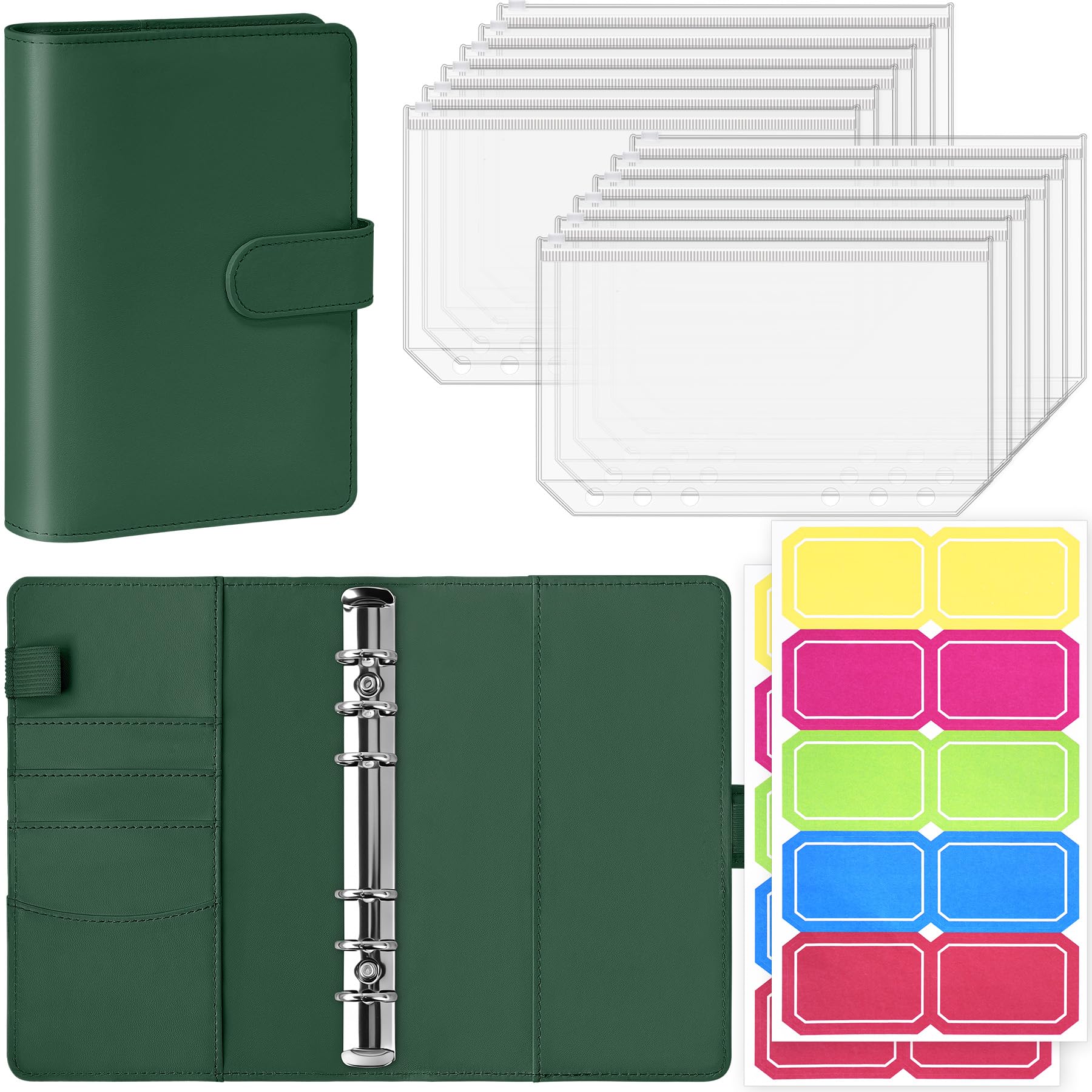 Antner A6 PU Leather Binder Cover with 12PCS A6 Binder Pockets Loose Leaf Bags 6 Ring Binder Cash Budget Envelopes System, Dark Green