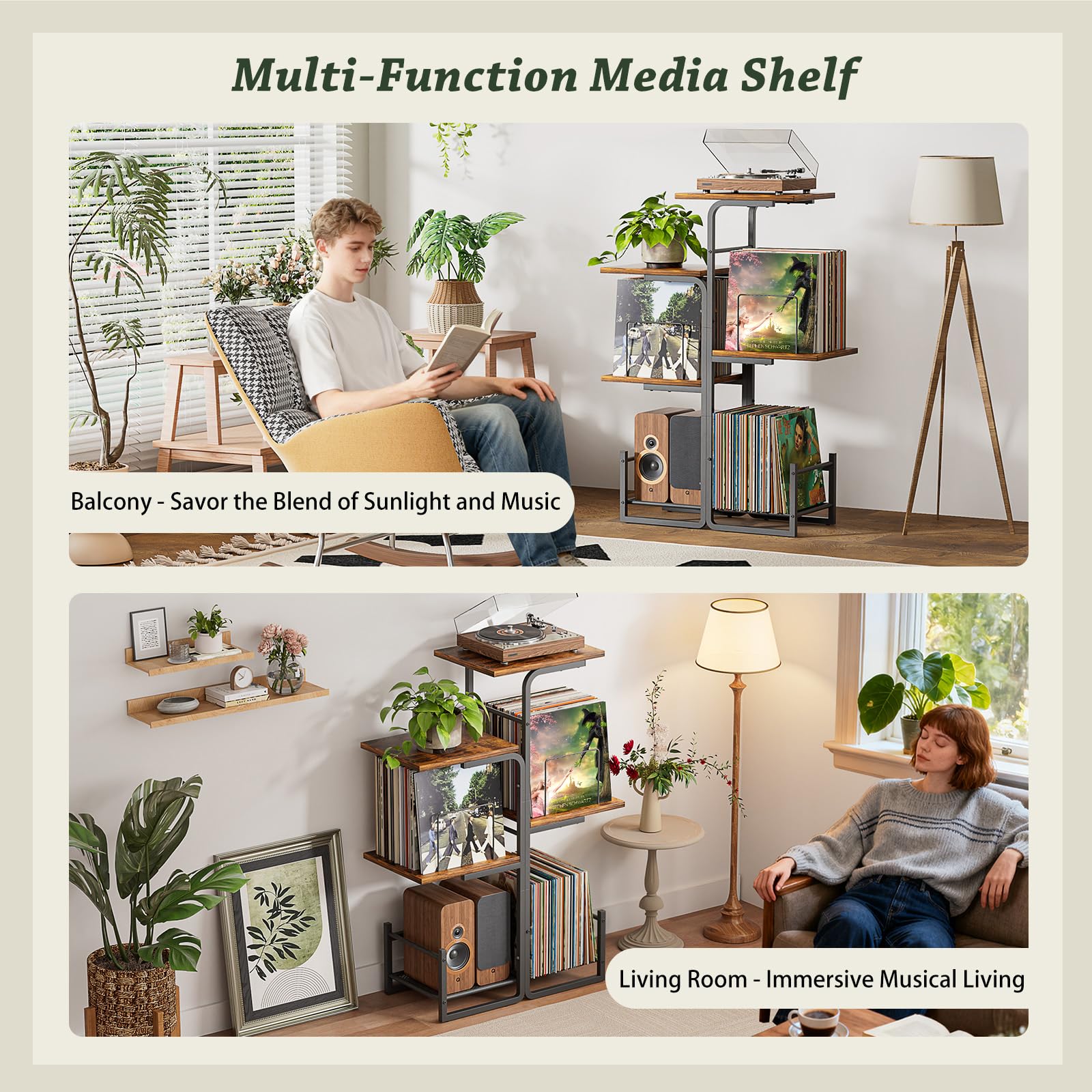 Bikoney Plattenspieler Ständer mit großem Vinyl Stauraum, Vintage Turntable Tisch mit LP Ablage & Schallplatten Display, Pflanzendesign Plattenschrank für Wohnzimmer, Schlafzimmer & kleine Räume