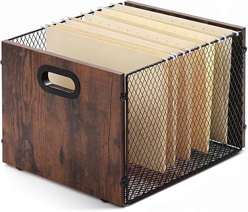 Caja organizadora de archivos de madera marrón rústica, cajas de almacenamiento para carpetas colgantes, soporte para cajón de archivo con asa para