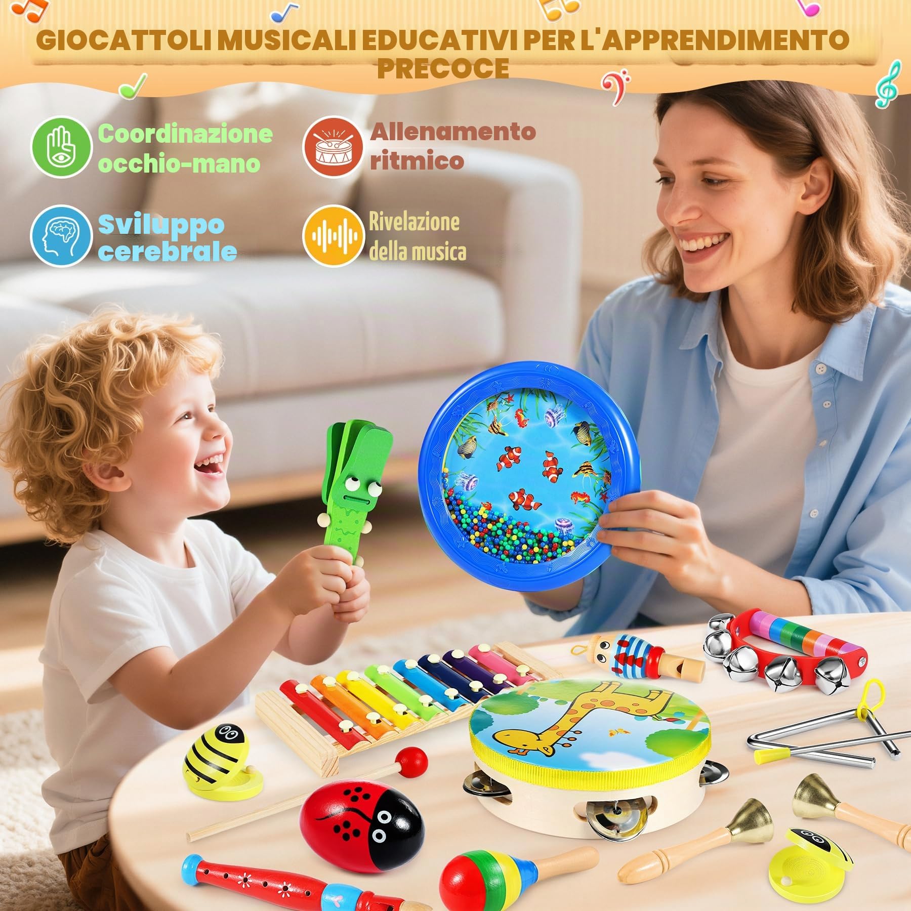 Strumenti Musicali, 24 Pezzi Percussioni con Borsa, Tamburo Perline Oceaniche, Compleanni Musicali, Creativi ed Educativi e Regali di Natale per Bambini 3+
