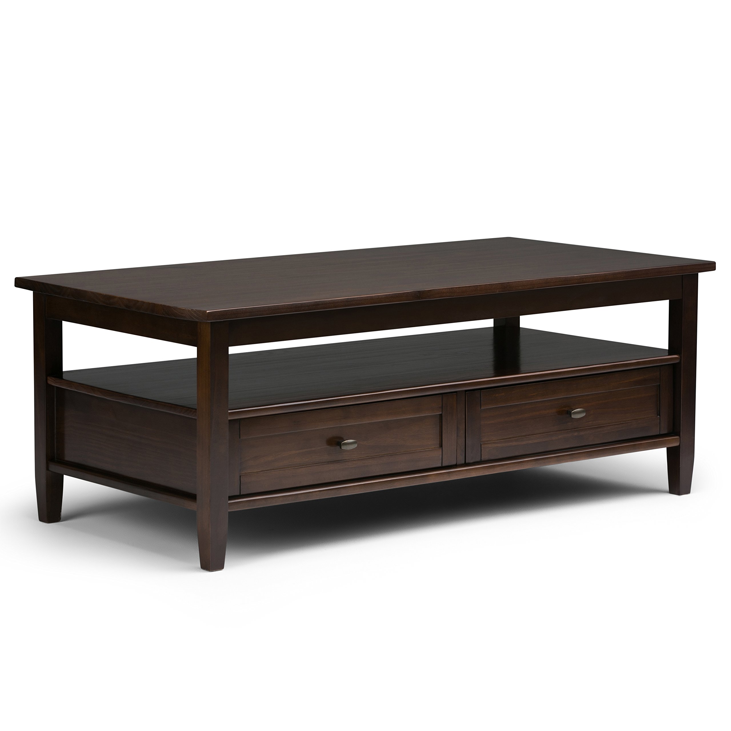 SIMPLIHOME Warm Shaker SOLID WOOD 48 inch Wide Rectangle Rustic Coffee Table in Tobacco Brown, for the Living Room and Family Room