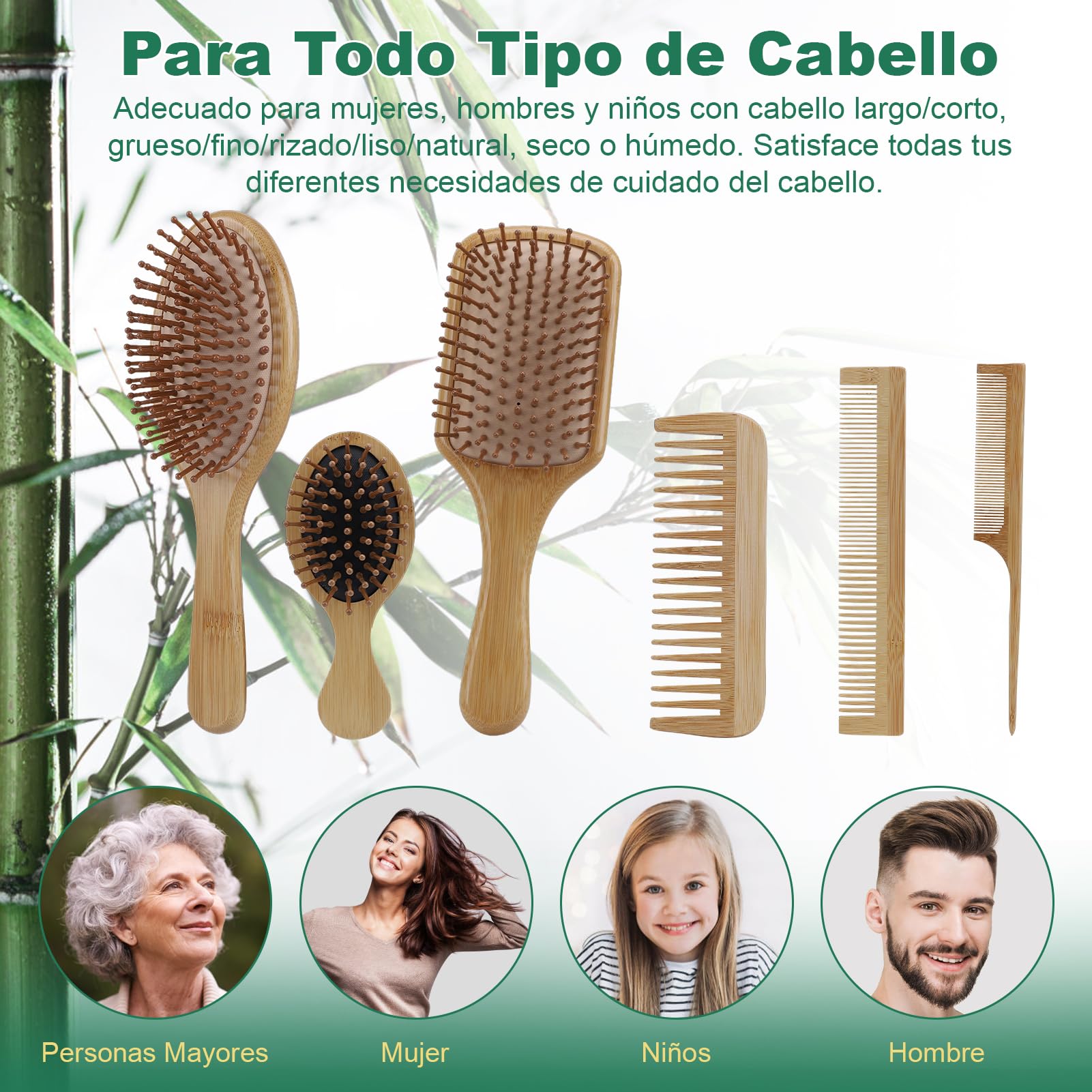 6 Pcs Bamboo Hair Brush,Bamboos Comb Set,Bamboo Hairbrush Set of 3 Air Cushion Brushes and 3 Combs Antistatic,Natural Bamboos Hairbrush Set for Enhance Shine,Massage Scalp Improve Tangles - Image 4