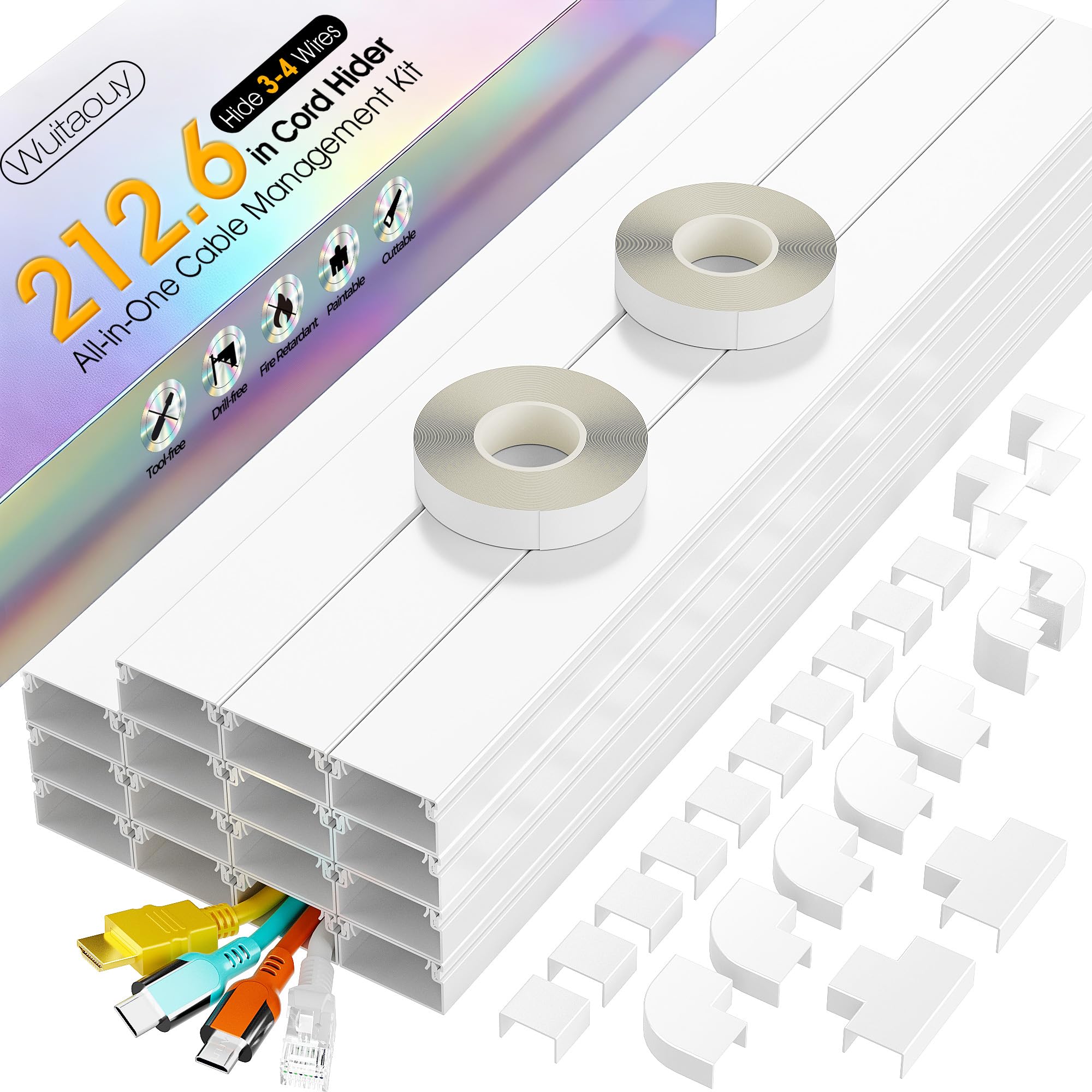 Photo 1 of 212.6in Cord Hider Kit, Cord Covers for 3-4 Wires on Wall, Cable Hider Wire Covers for Cords on Wall, Paintable Cord Hider for Walls Mount Tv, Cable Cover Raceway, W1.18 H0.6in, White