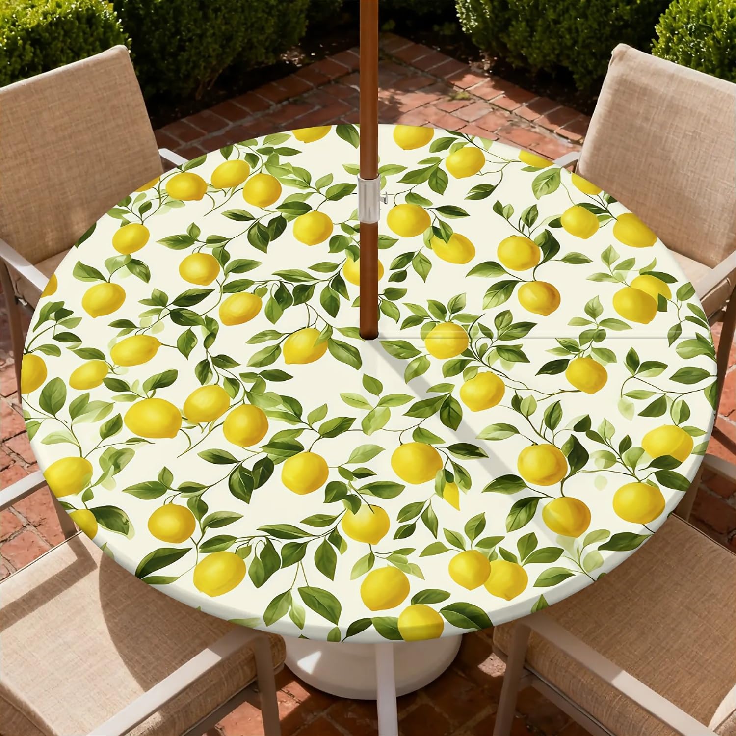 Nappe Ronde Exterieur avec Trou de Parapluie,Citron modèle Nappe de Jardin Lavable et Facile à Nettoyer, avec Ourlet élastiqué, idéale pour terrasse, Balcon et Jardin. Ø 90 cm.