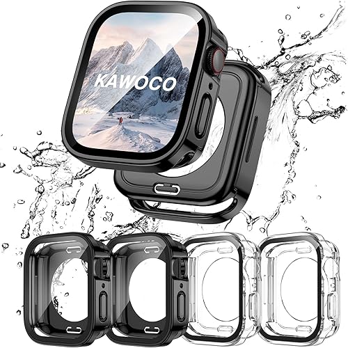 Kawoco Paquete de 4 fundas impermeables compatibles con Apple Watch de 1.575 pulgadas Series 654SE con protector de pantalla de vidrio templado,