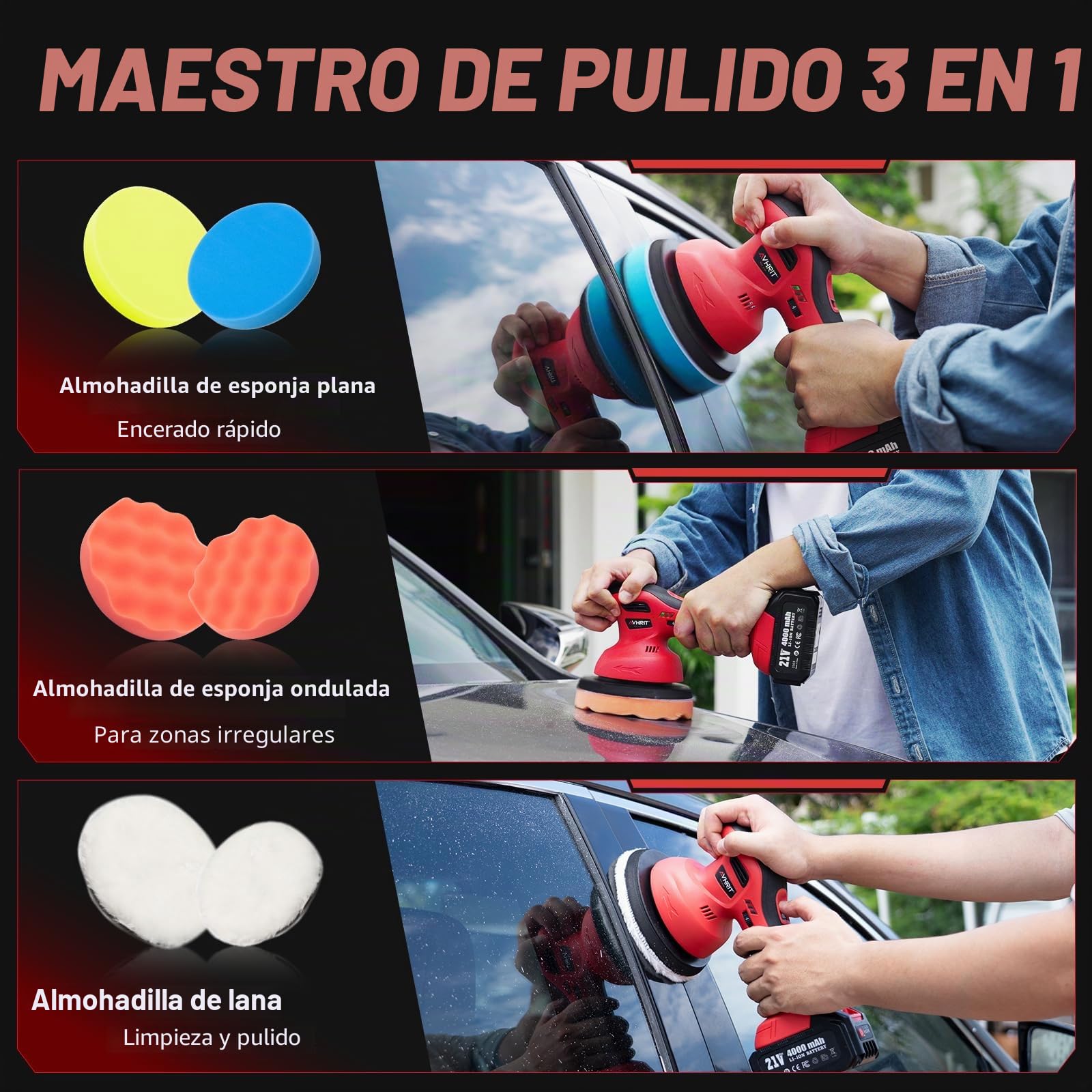 Pulidora de Coche Inalámbrica kit de Almohadillas y Pulidores de Coche 6", Ideal para Pulido, Encerado y Detallado de Vehículos