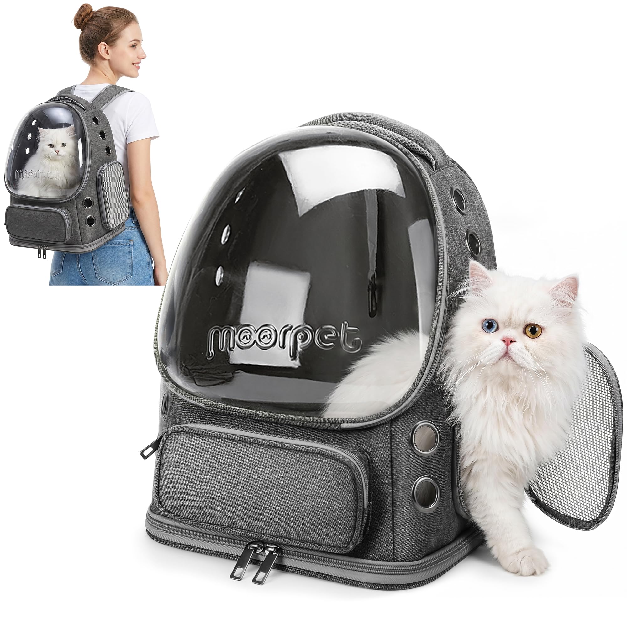 ALLSOPETS Cat Backpack Carrier, Breathable Cat Bubble Backpack, Foldable & Transparent Pet Carrier for Kitty Small Dog up to 7.5kg, Ideal for Travel, Hiking, and Vet Visits (Rock Grey)