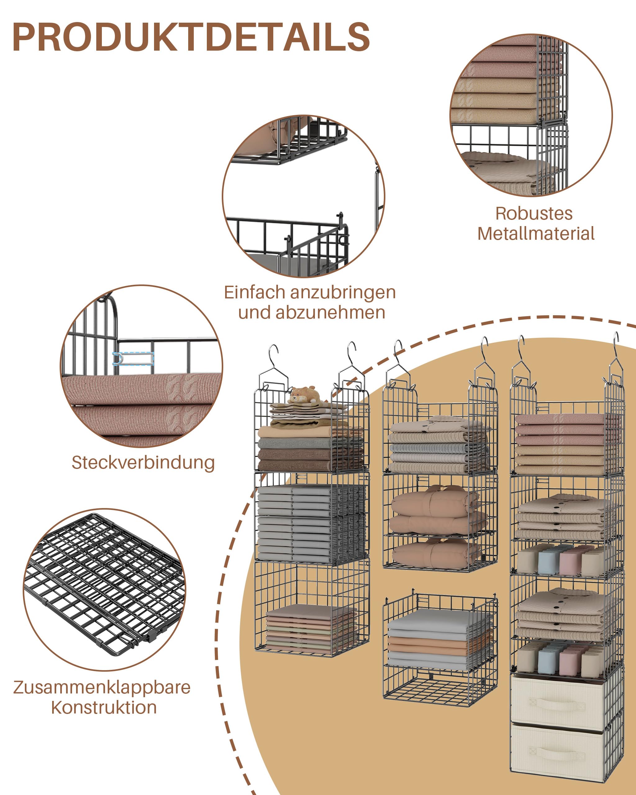 Hängeregal, Faltbarer Kleiderschrank‑Organizer mit 4 Ebenen