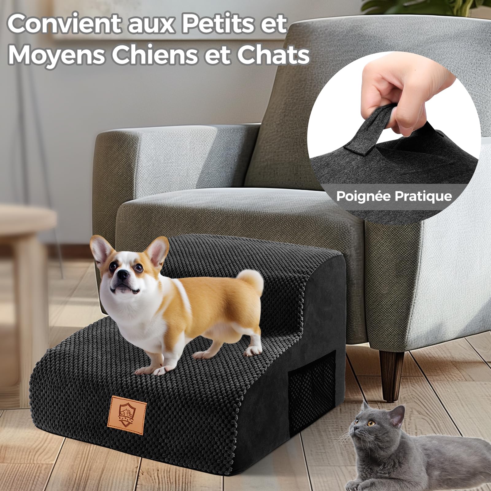MASTERTOP Scale per Cani a 2 Gradini, Scale Antiscivolo per Animali Domestici in Spugna con Fodera Rimovibile e Lavabile, Rampes Cuccioli Inclinata per Divano Letto (Nero)