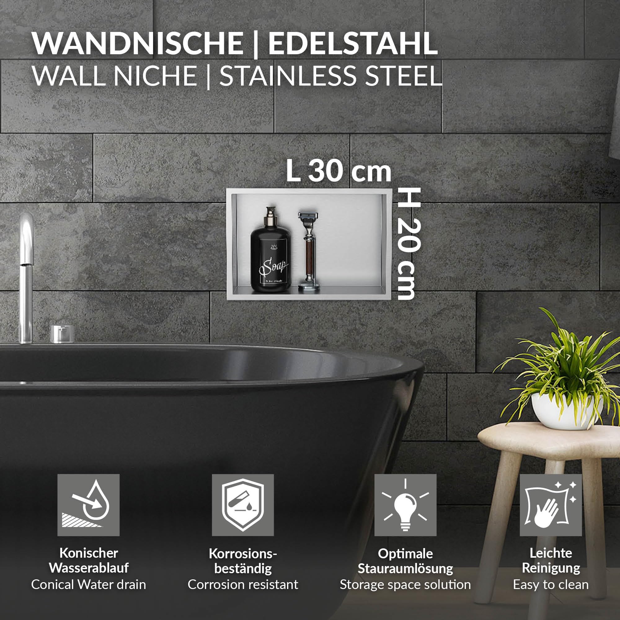 LuxeBath Nicchia a Muro in Acciaio Inox 20x30x10 cm Argento Nicchia per Doccia con Telaio Ripiano Incorporato