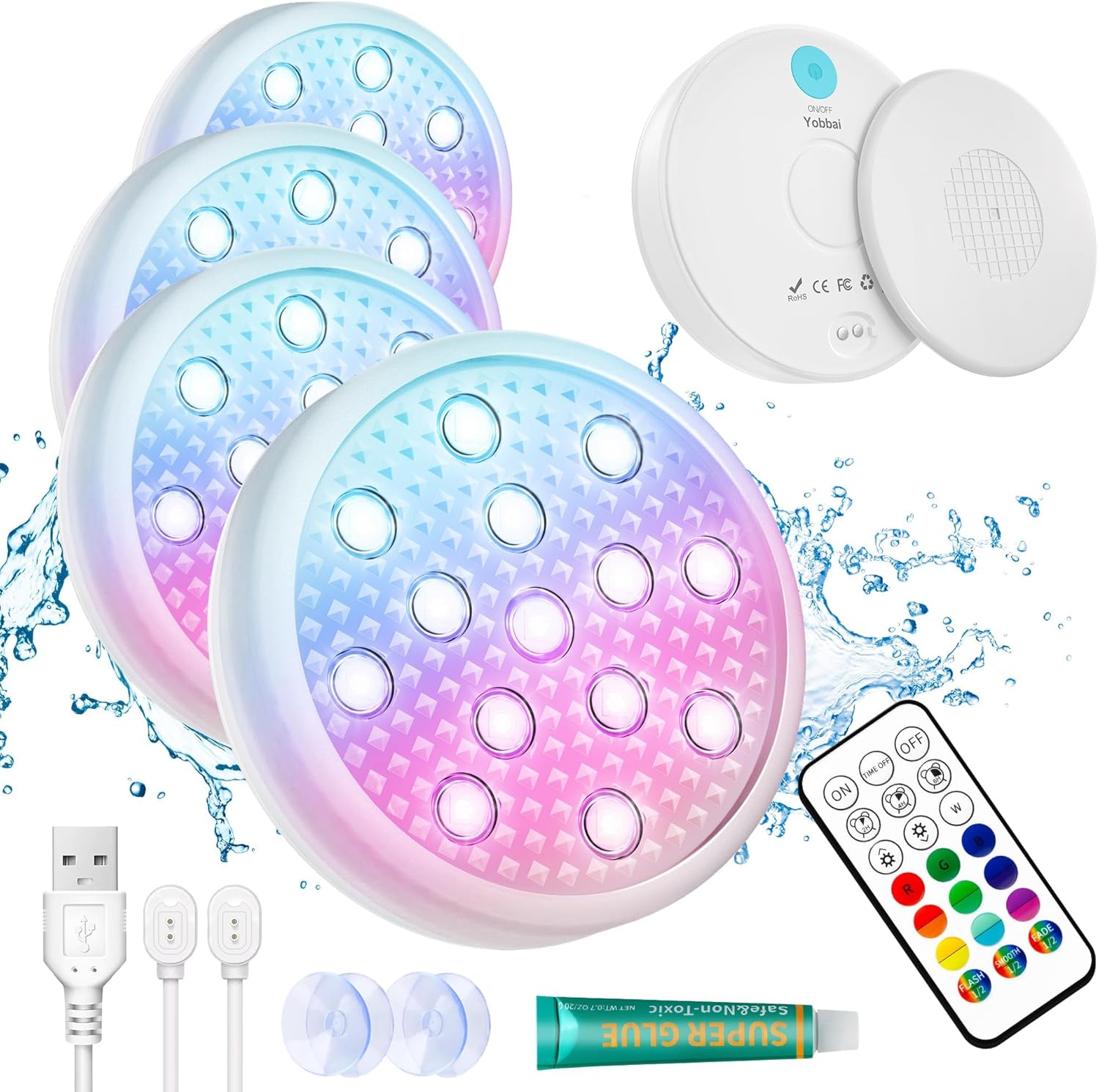 4-Pack Rechargeable Pool Lights with Remote, 16 Color IP68 Waterproof LED Lights for Inground/Above Ground Pools, Hot Tubs - 3 Mounting Options (Magnet/Glue/Suction)