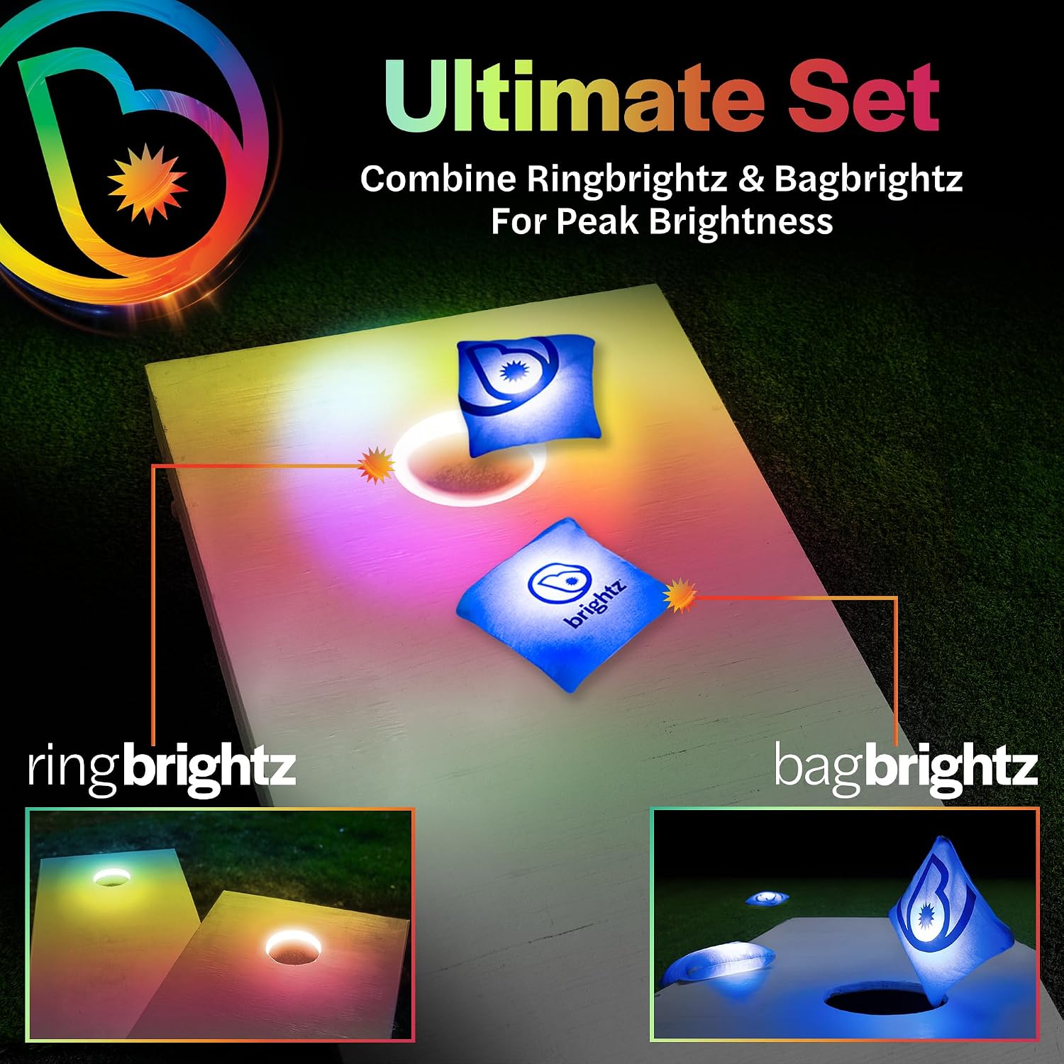 Brightz Premium Cornhole Ring Light with LED Bags - Includes 4-Pack of LED Cornhole Bags + RingBrightz Cornhole Ring Lights - The Ultimate Night Time Cornhole Master Set image 2