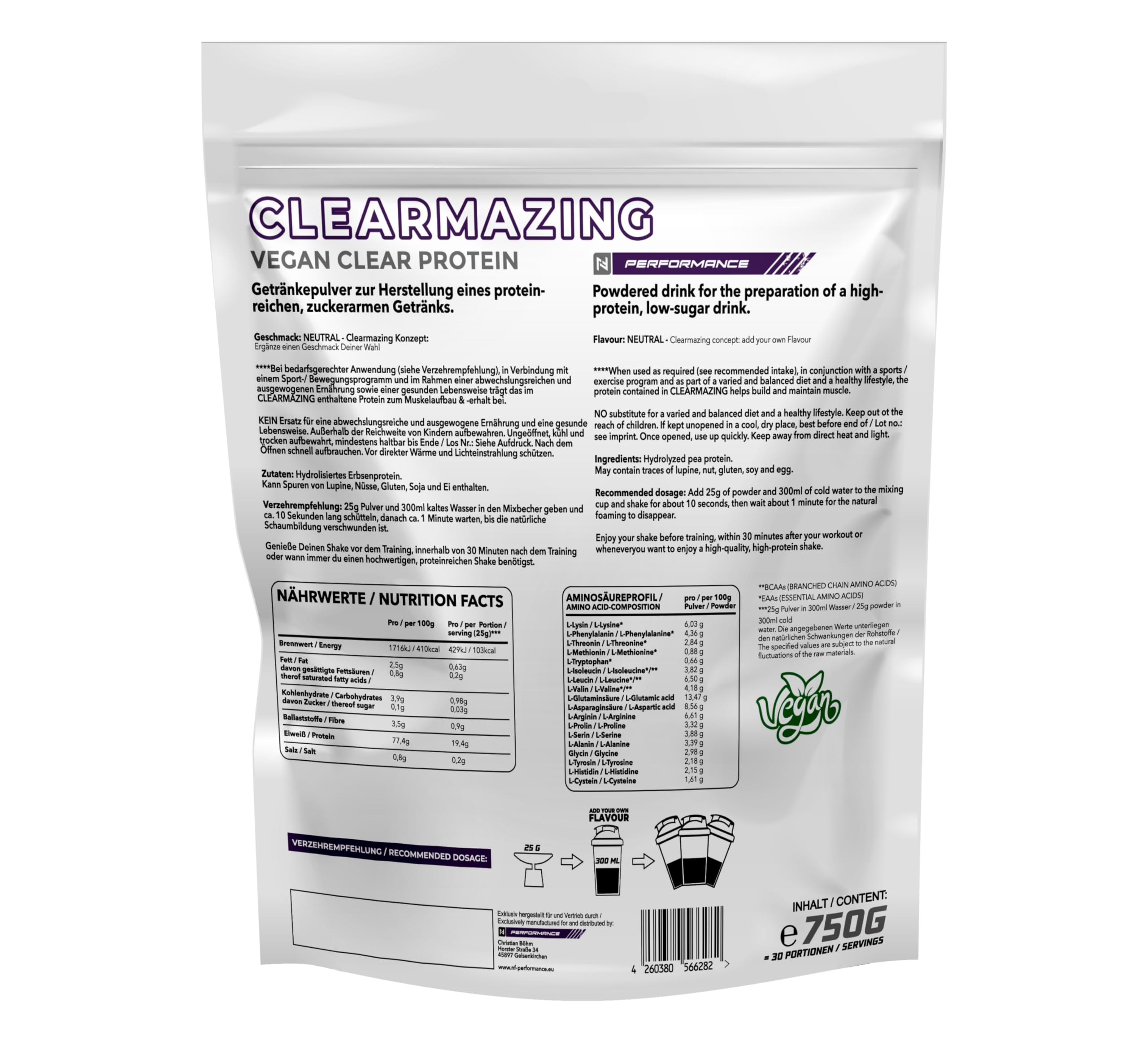CLEARMAZING Neutrales Clear Protein Vegan Isolate 750g | ohne Aroma & Süßungsmittel | Clear Whey Alternative aus hochwertigem Erbsenproteinhydrolisat - 77% Protein | NF24