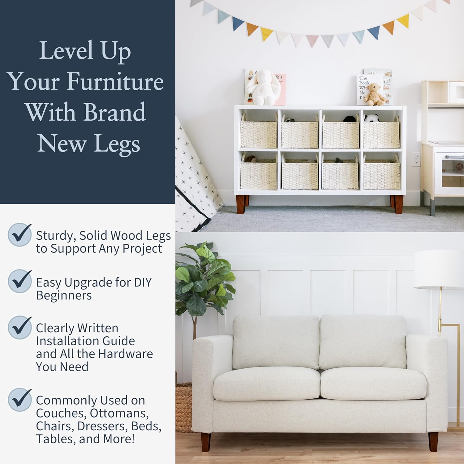 Premium Walnut Square Furniture Legs (Full Install Kit) - Pick Your Size and Color