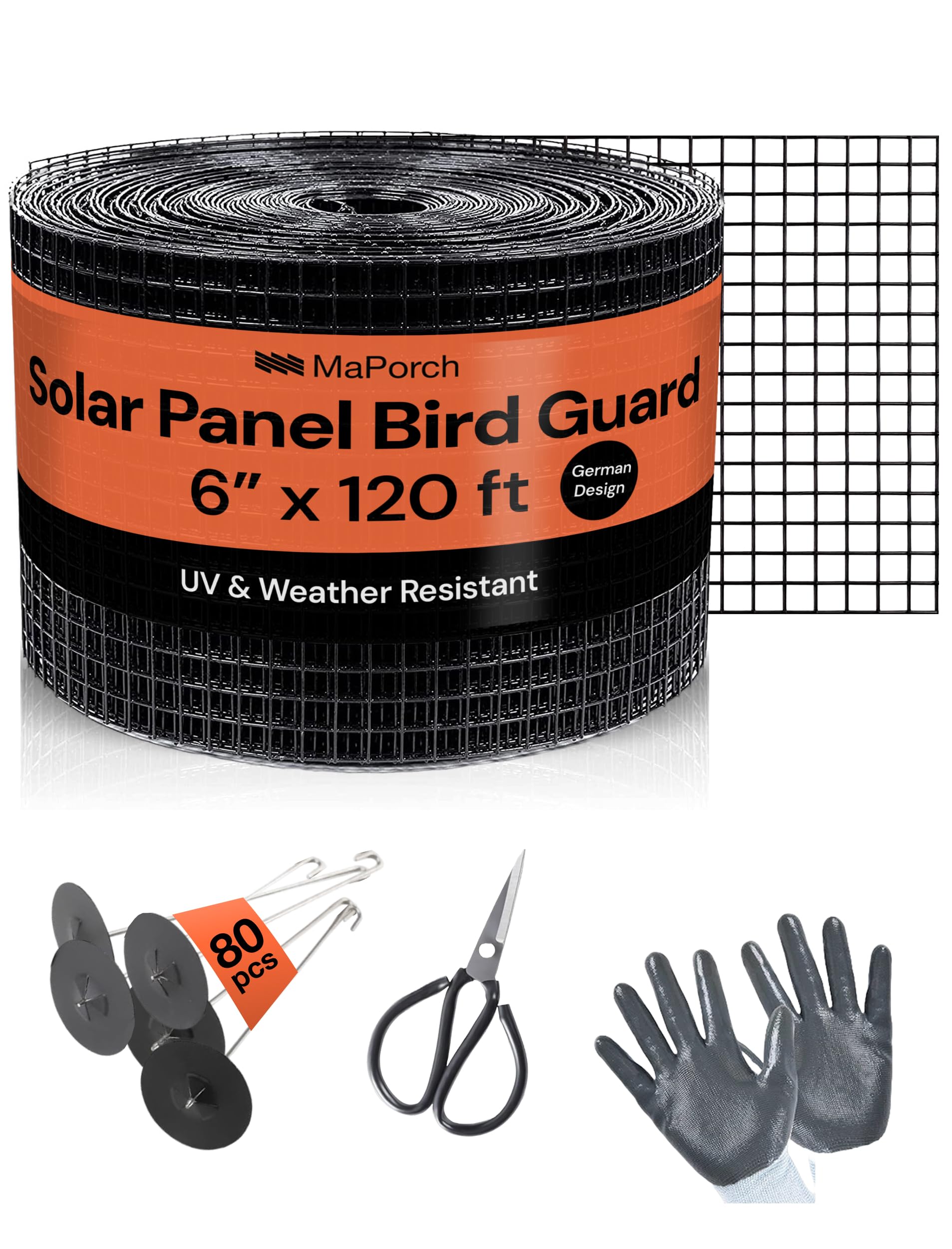 MaPorch Solar Panel Bird Guard Mesh Screen - 6 in x 120 ft Black PVC Coated Galvanized Steel - Solar Panel Netting Mesh - Includes 80 Clips, Scissors & Gloves for Easy DIY Install