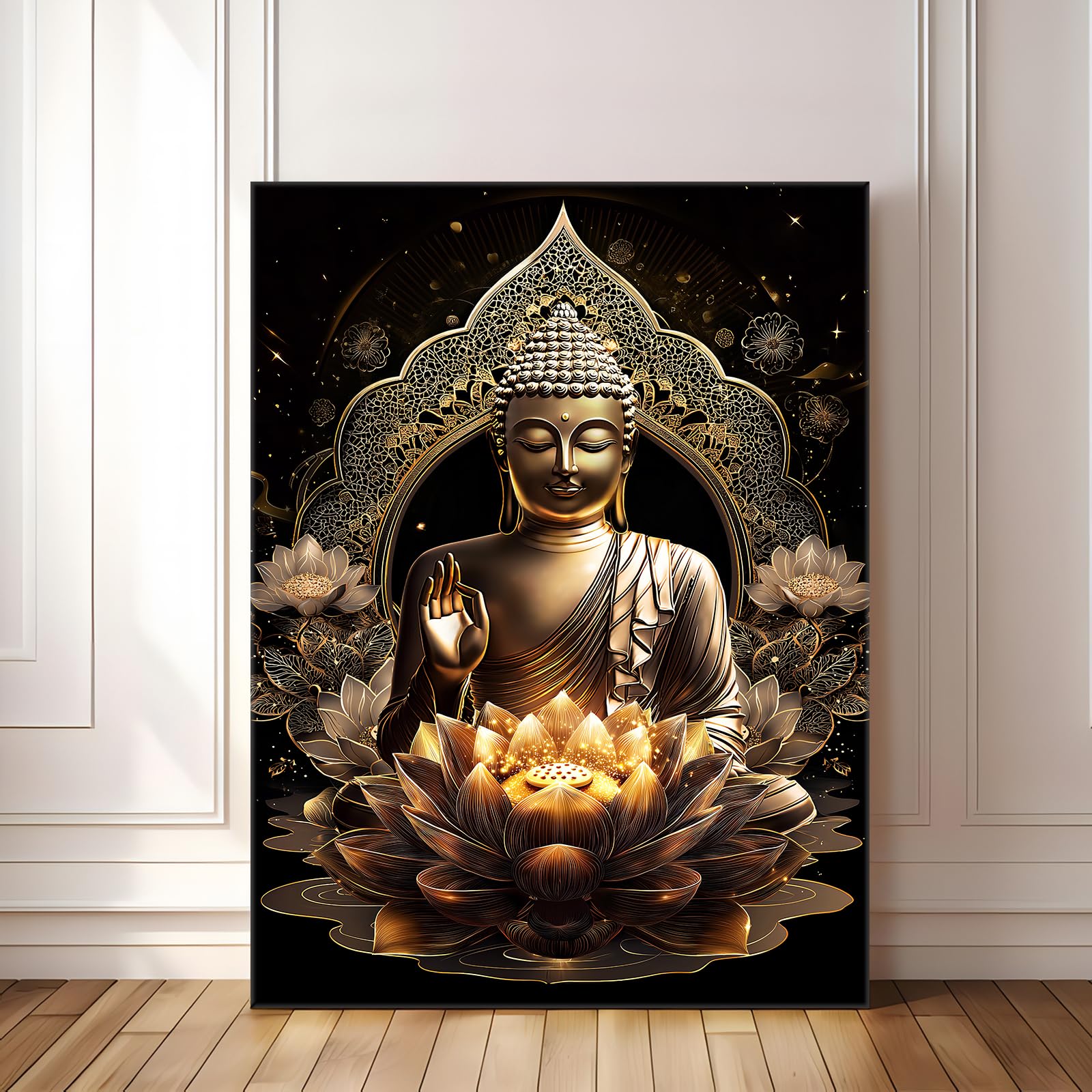 Wooden Framed Canvas Wall Art Bronze Buddha Statue Lotus Flowers Painting on Canvas Prints Poster Zen Spa Buddhism Prayer Pictures for Living Room Bedroom Home Hallway Corridor Wall Decor 30x40cm - Image 2