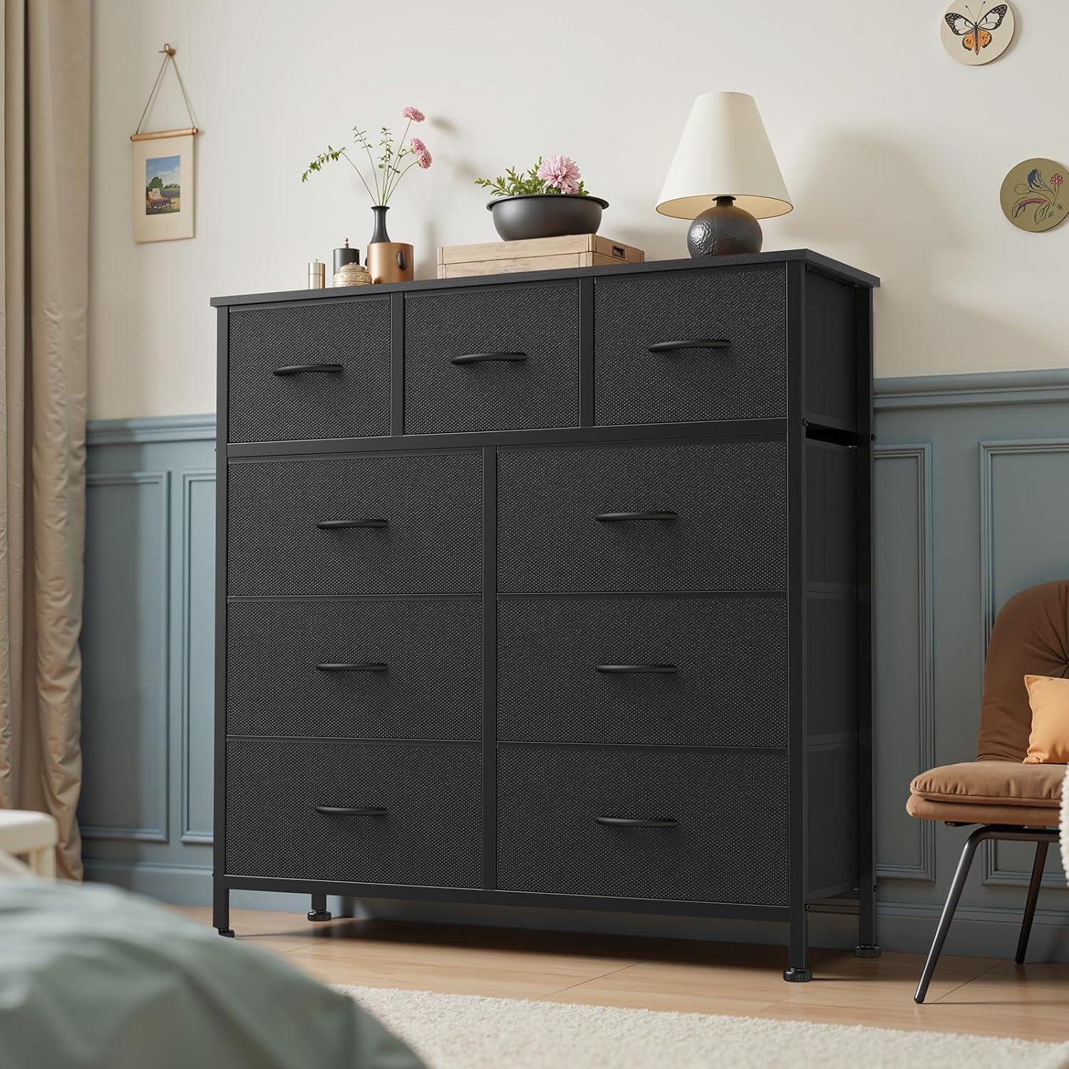 DUMOS 9 Drawer Dresser for Bedroom, Fabric Storage Organizer with Sturdy Metal Frame, Wooden Top Chest of Drawers for Closet Entryway Guest Room,Matte Black Black 11.8"D x 39.4"W x 39.4"H (9 Drawers)