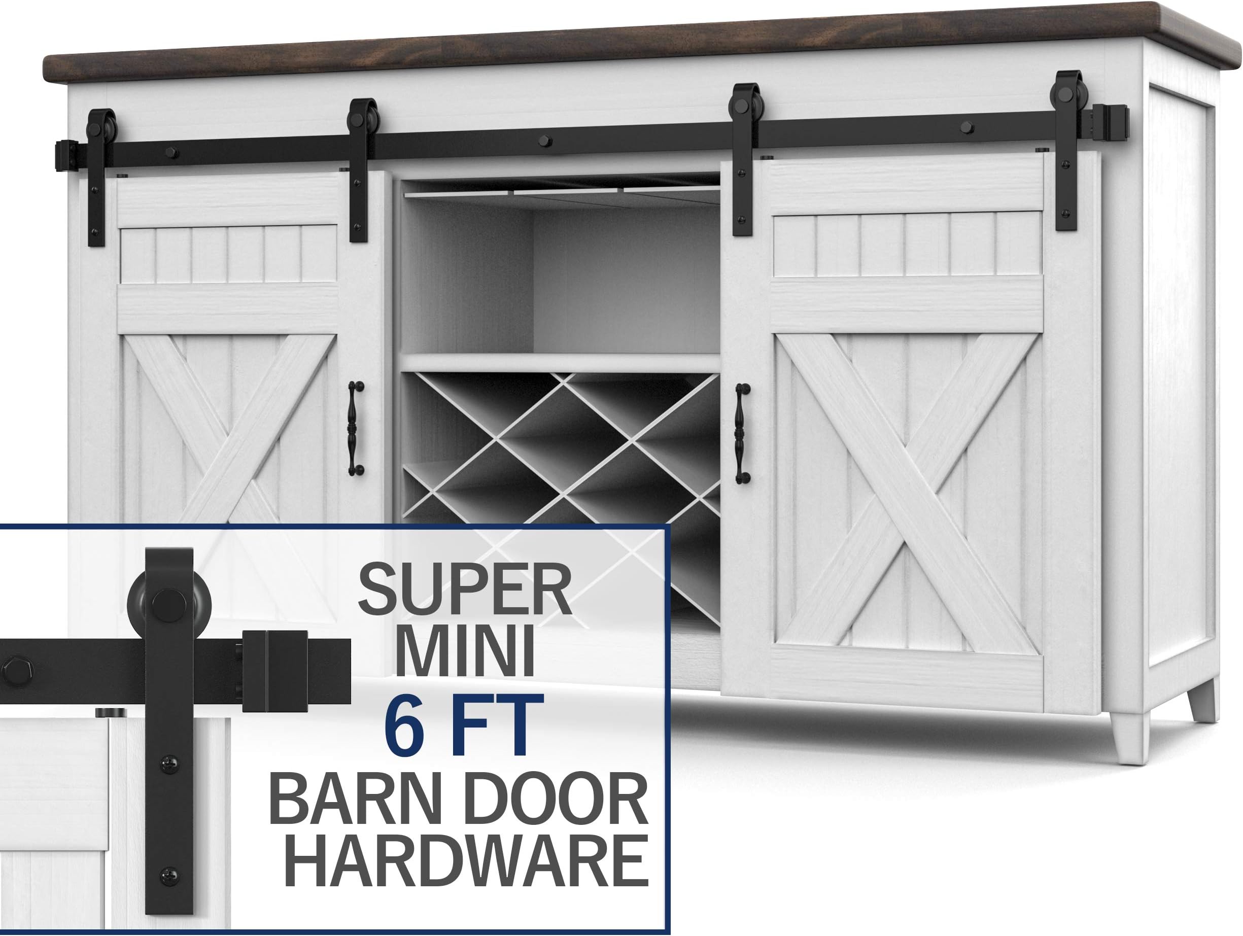 Heavy Duty Metal Steel Black Super Mini Sliding Barn Door Hardware Track Roller Kit Hanging TV Stand Cabinet System (6FT Double kit)（NO CABINET）