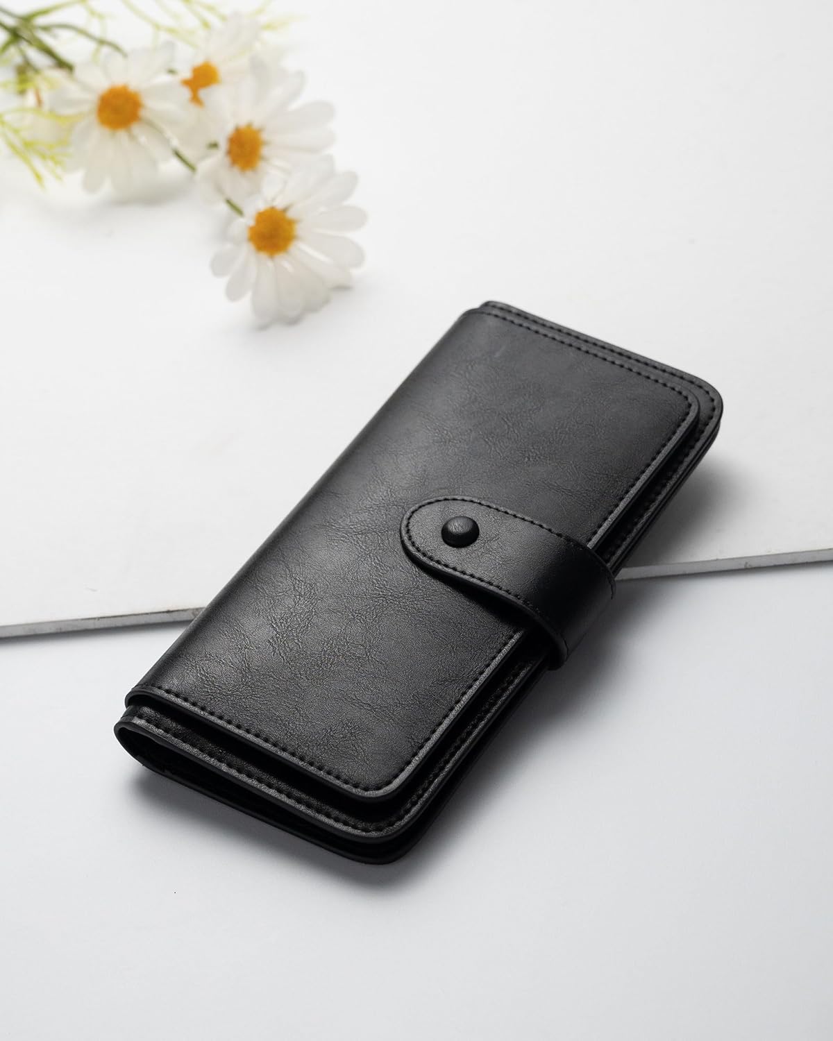 RFID Blocking Leather Wallet for Women, Slim Trifold with 14 Card Slots and Zipper Pocket (Black) - Image 5