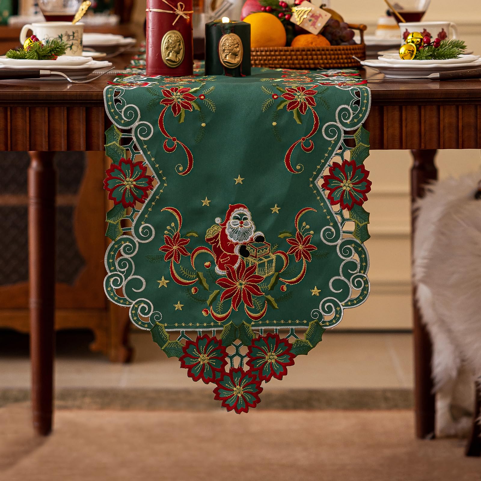 Chemin de table de Noël brodé vert 35x218 cm poinsettia houx