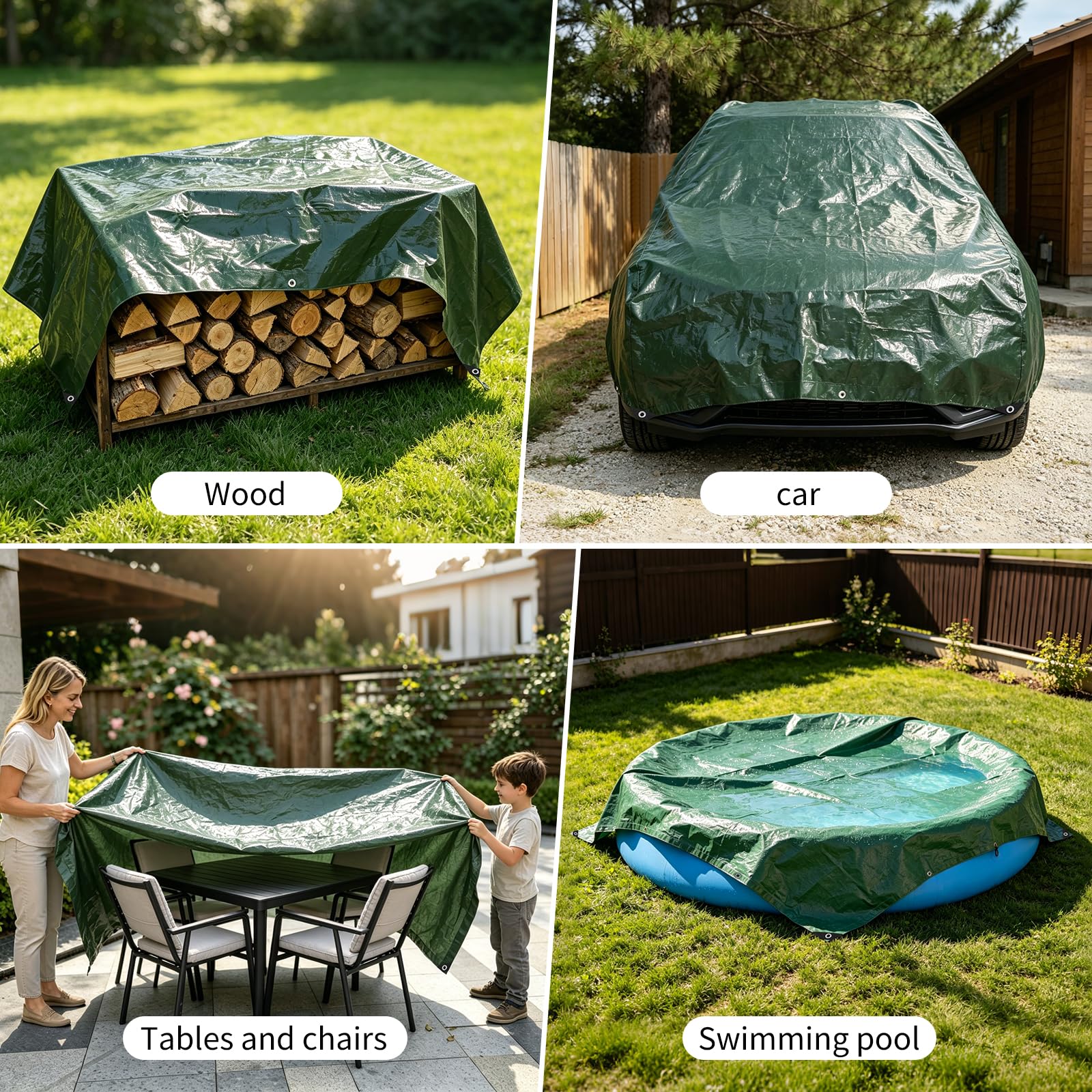 Telo Impermeabile Esterno Polietilene 3x5m 140 g/m² Telone Occhiellato per Barche, Legno, Piscina, Mobili da giardino, Auto, Telone da Giardino, Verde e argento