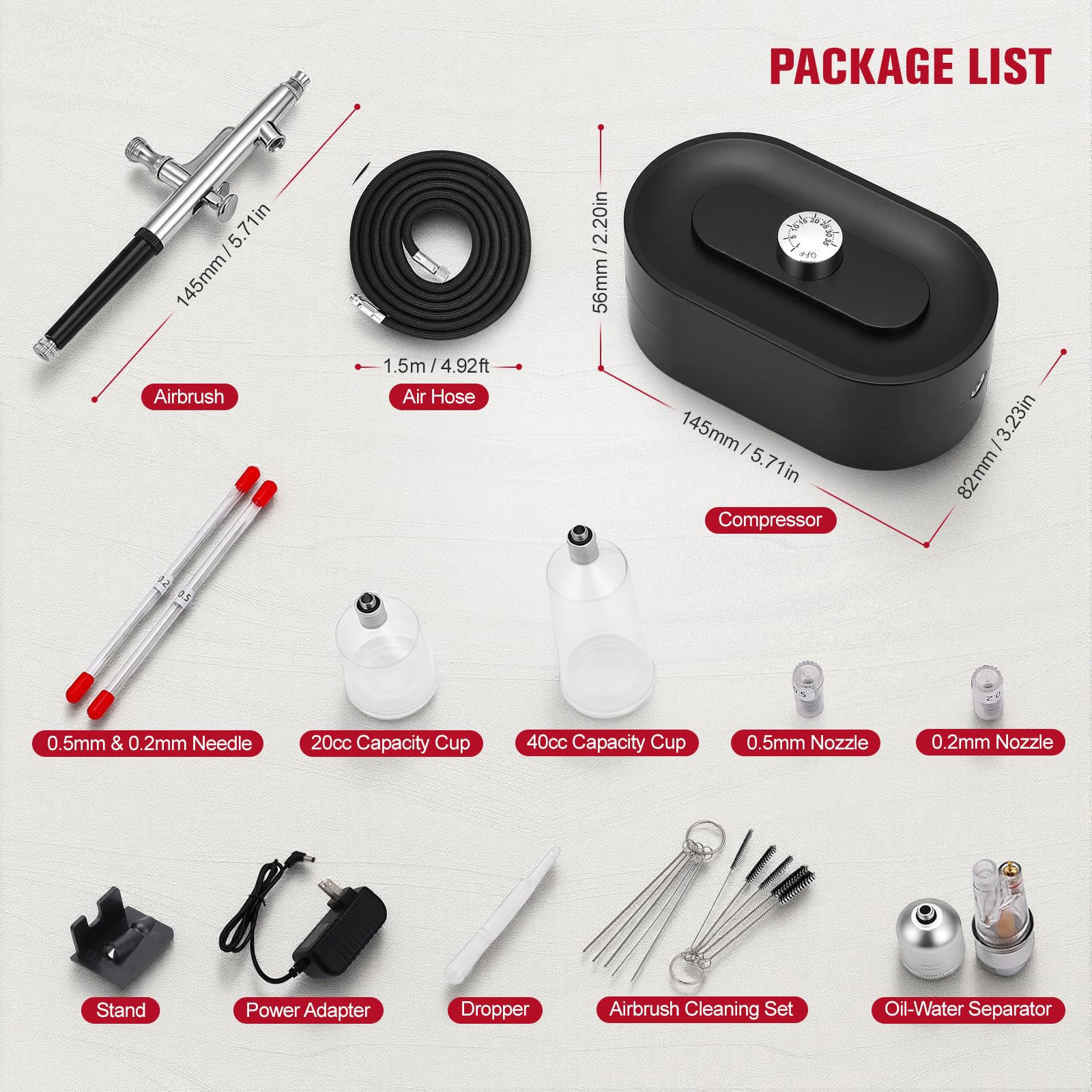 Kit de compresor para aerógrafo, 48 PSI doble acción con boquillas de 0.2/0.3/0.5 mm, kit de pintura de alta presión con 3 modos ajustables para modelismo, maquillaje, repostería y manicura