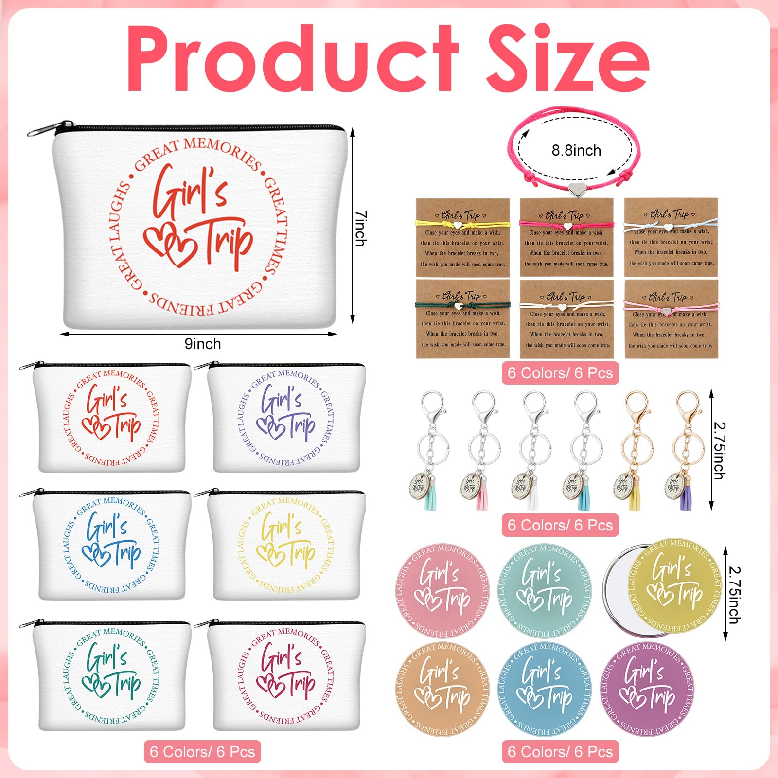 Liliaafar 24 Pcs Girls Trip Gift Favors 6 Makeup Bags 6 Keychains 6 Travel Mirrors 6 Getaway Bracelets Girls Weekend Cosmetic Pouch for Sisters Friends Bestie Bachelorette Party Supplies