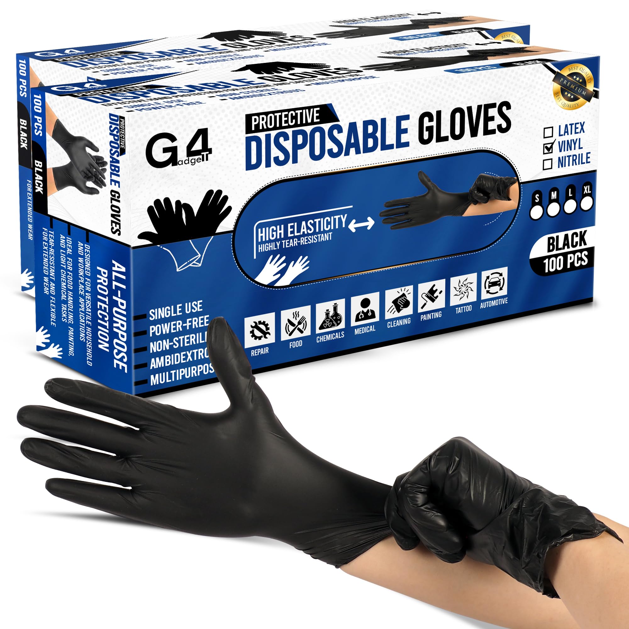 G4GADGET Black Vinyl Disposable Gloves Extra Large (XL) – 200 Pack, Latex-Free Powder-Free Gloves, Food Safe for Cooking, Cleaning, Salon, Tattoo, Car Detailing & Home Use