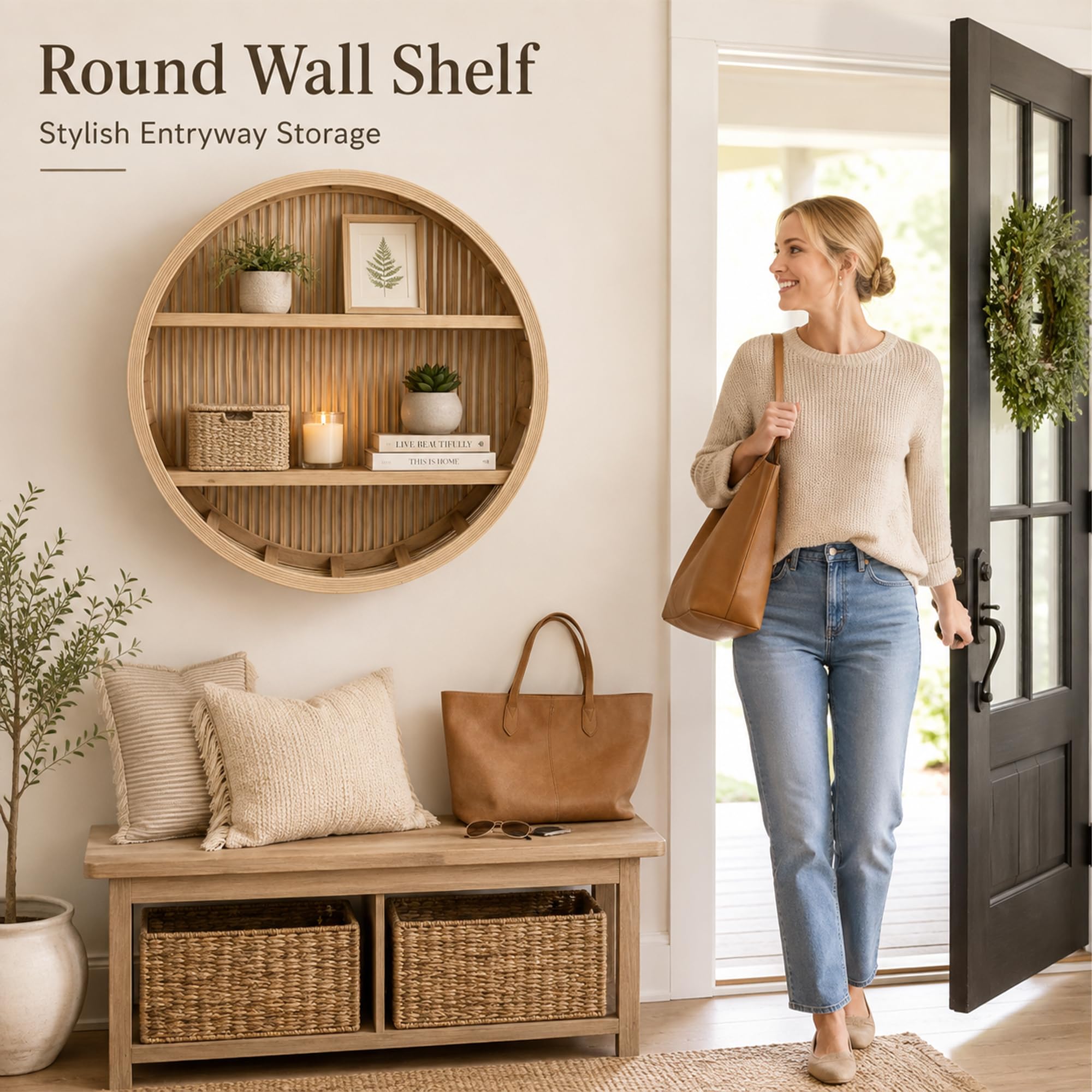 JSWHYBD Estante Redondo de Pared Boho, Organizador Decorativo con baldas