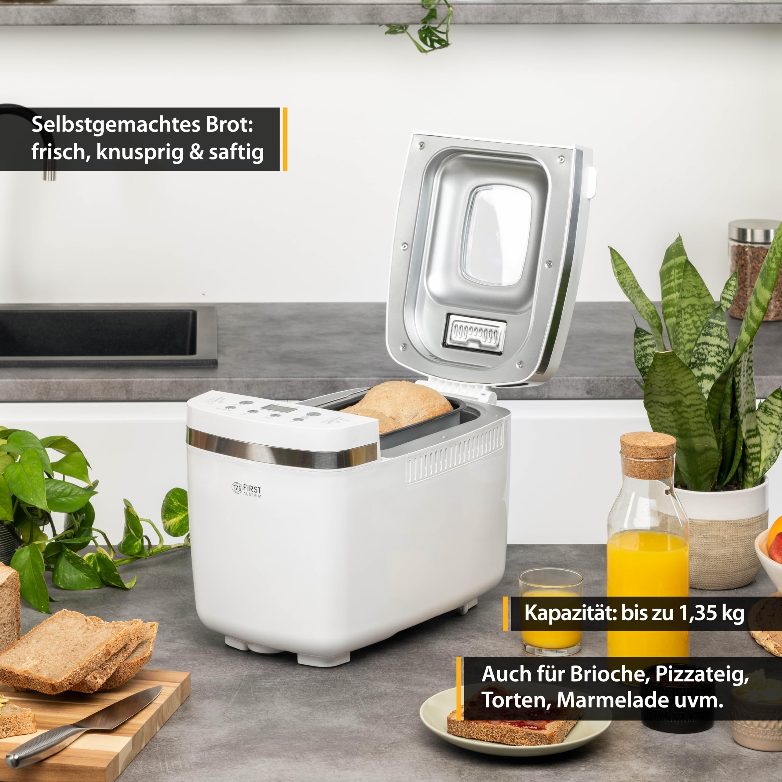 TZS First Austria - Brotbackautomat 850W - Teigmenge 900g und 1350g - 14 Automatikprogramme - Einstellbare Bräunungsgrade, Timer & Warmhaltefunktion - Automatische Abschaltung