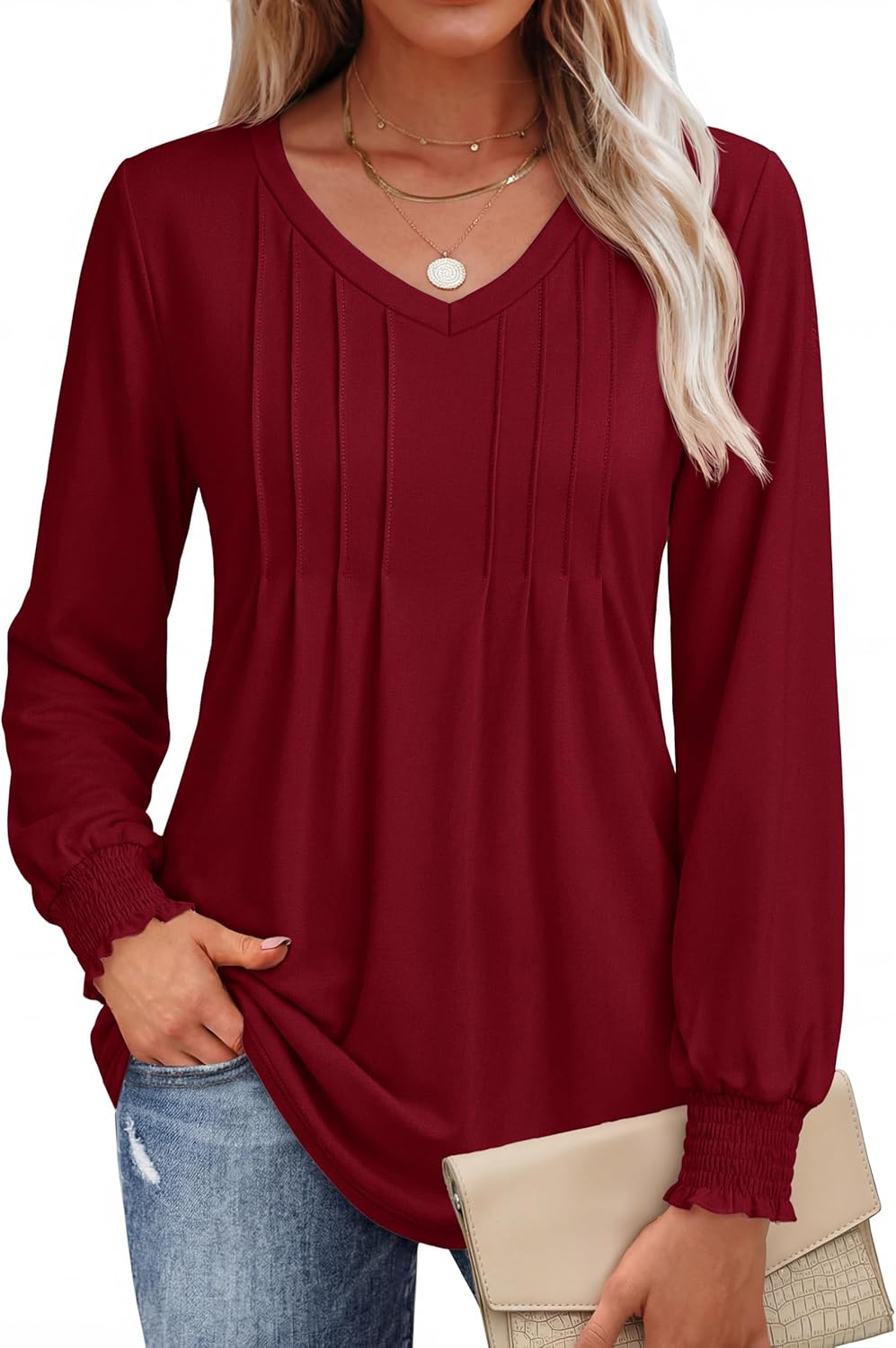 YUCOLEN Womens Long Sleeve Shirt V Neck T Shirts Pleated Dressy Casual Blouses Ruffle Cuffs Loose Tunic Tops