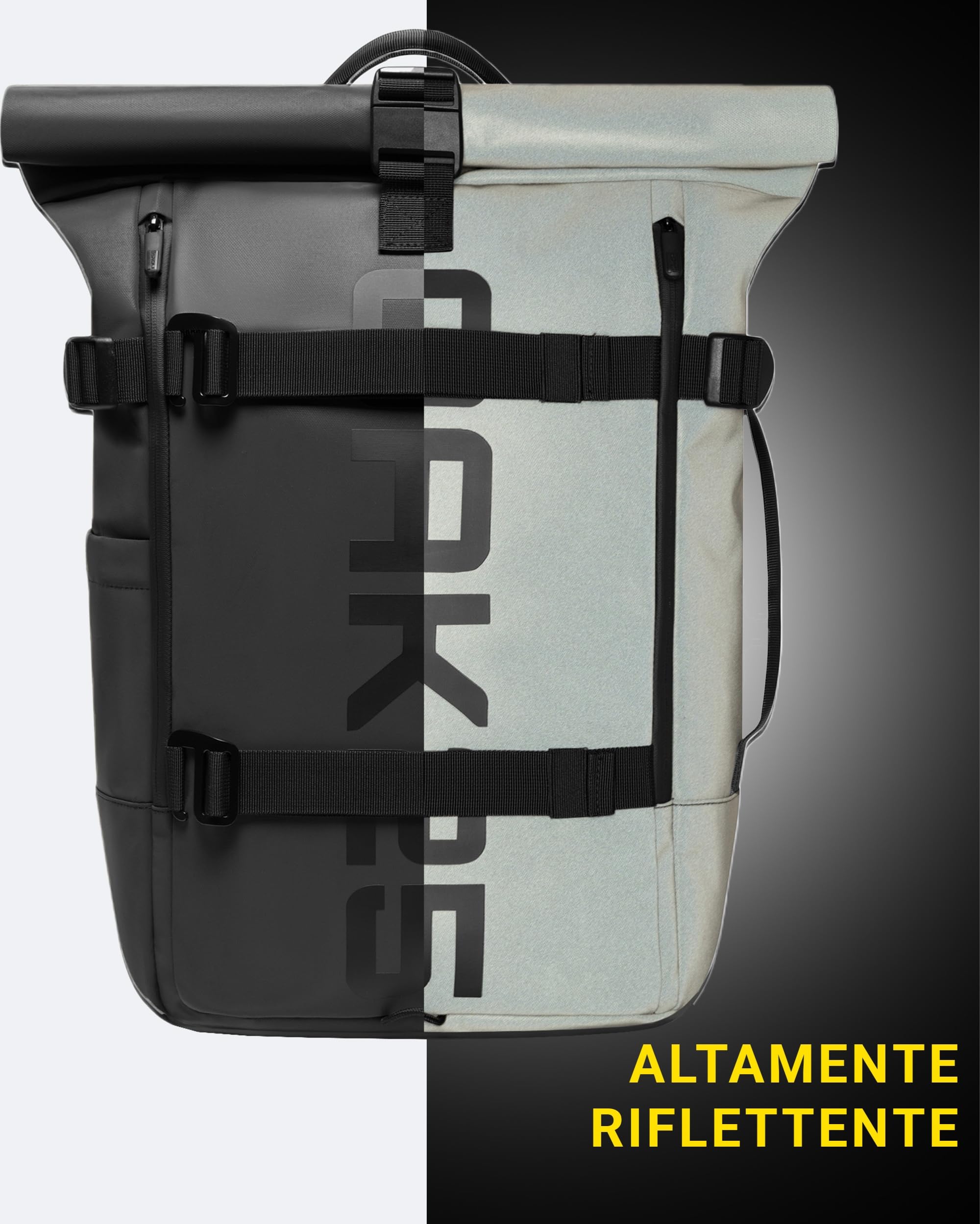 OAK25 Zaino Rolltop Riflettente da Donna & Uomo Nero - Luminite Rolltop - Zaino Roll Top per il Lavoro e la Bicicletta - Scomparto per Laptop fino a 16 Pollici - 23L Riflettente